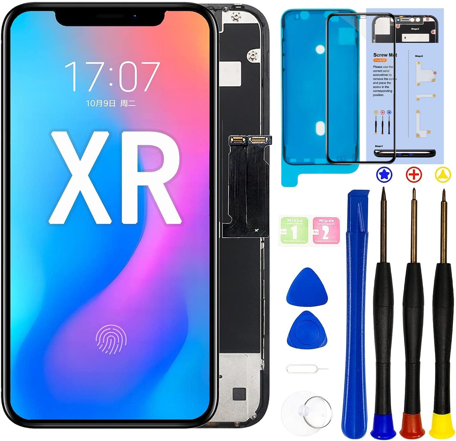 for iPhone XR LCD Screen Replacement 6.1 inch(Model A1984, A2105, A2106, A2108) Display digitizer Assembly Touch Screen,with Frame Assembly Repair Tool