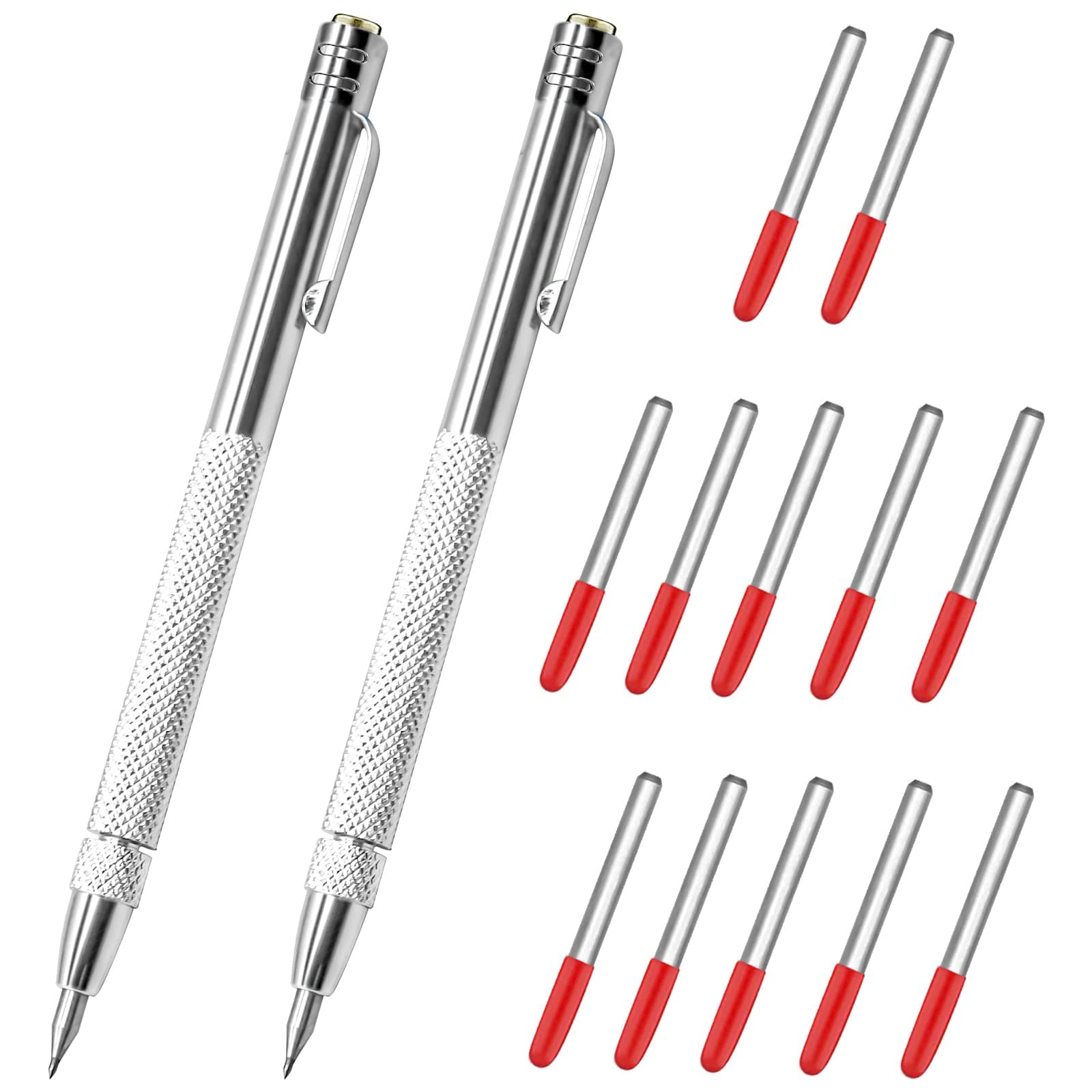 2Pcs Tungsten Carbide Tip Scriber with 12 Replacement Marking Tip, Aluminium Magnet Carbide Scribe Tool Etching Pen with Clip, Metal Engraving Pen for Glass/Ceramics/Hardened Steel/Metal Sheet