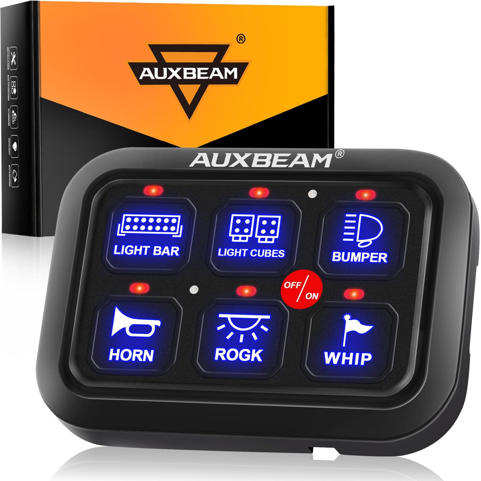 Auxbeam 6 Gang Switch Panel BC60 Universal Circuit Control Relay System Automatic Dimmable LED Switch Pod Touch Control Panel Switch Box for Car Truck Pickup Boat UTV SUV - Blue, 3 Years Warranty