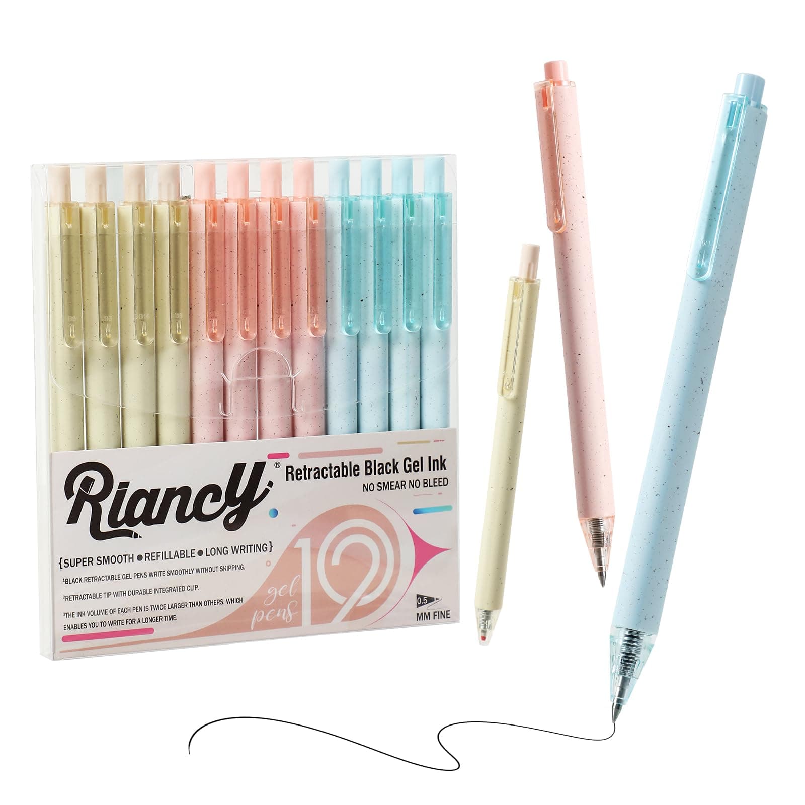 RIANCY 12 Pack Pastel Gel Ink Pen Set Cute Note Taking 0.5mm Fine Point Retractable Black Ink Pink Pens for Writing, School, Office Supplies