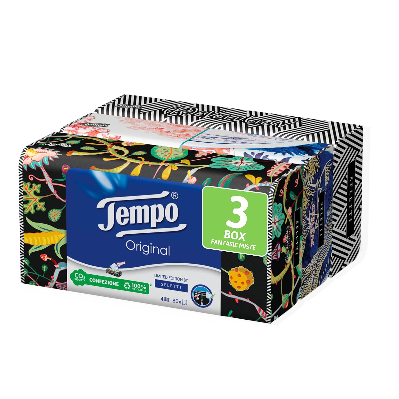 Paper Tissues Box, 3 Boxes of 80 Disposable Tissues, 4-Ply, Limited Edition Seletti Box, 4 Assorted Graphics, Recyclable Pack of Natural Origin