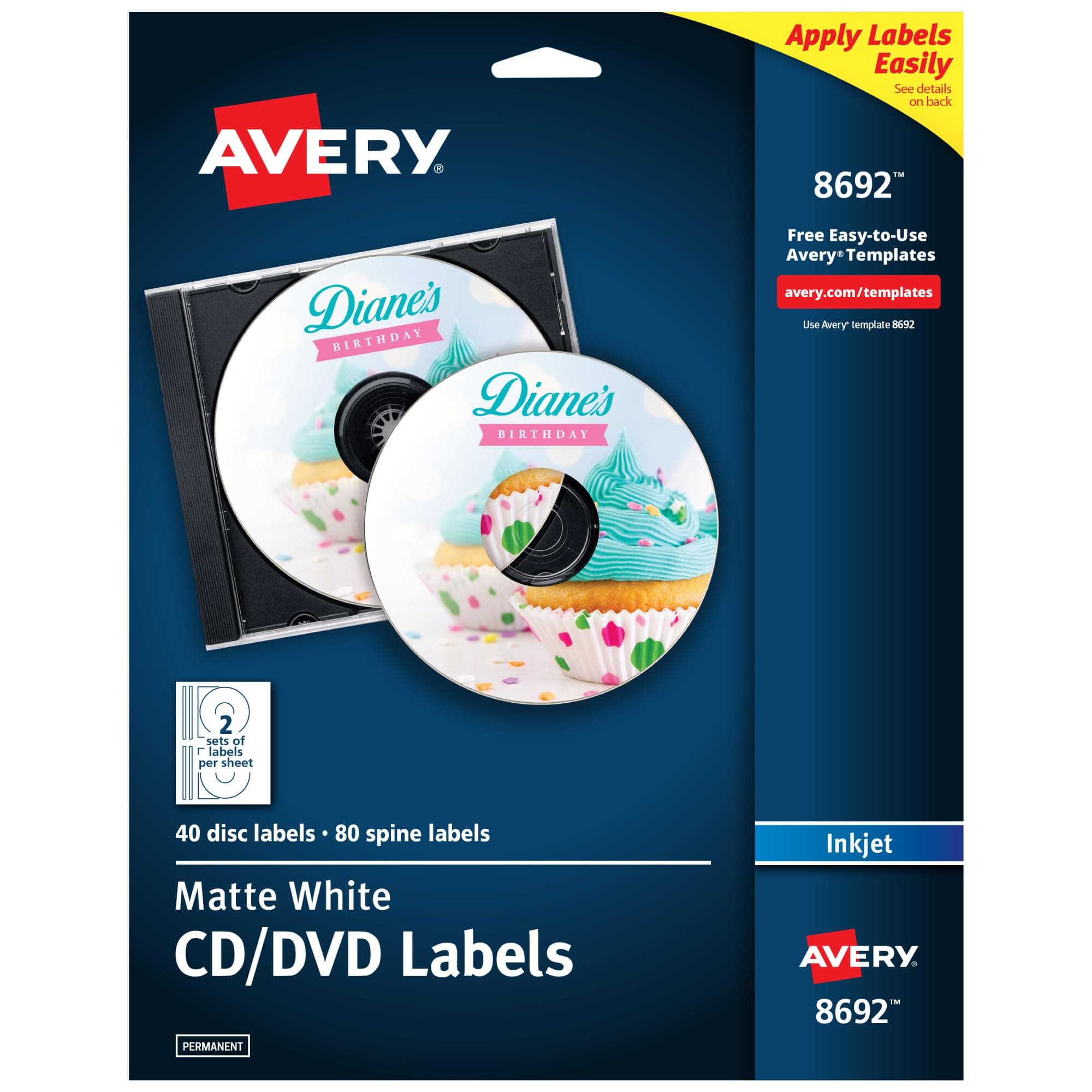 Avery CD Labels, Matte White, 40 Disc Labels And 80 Spine (8692), 4.5/8 Inches