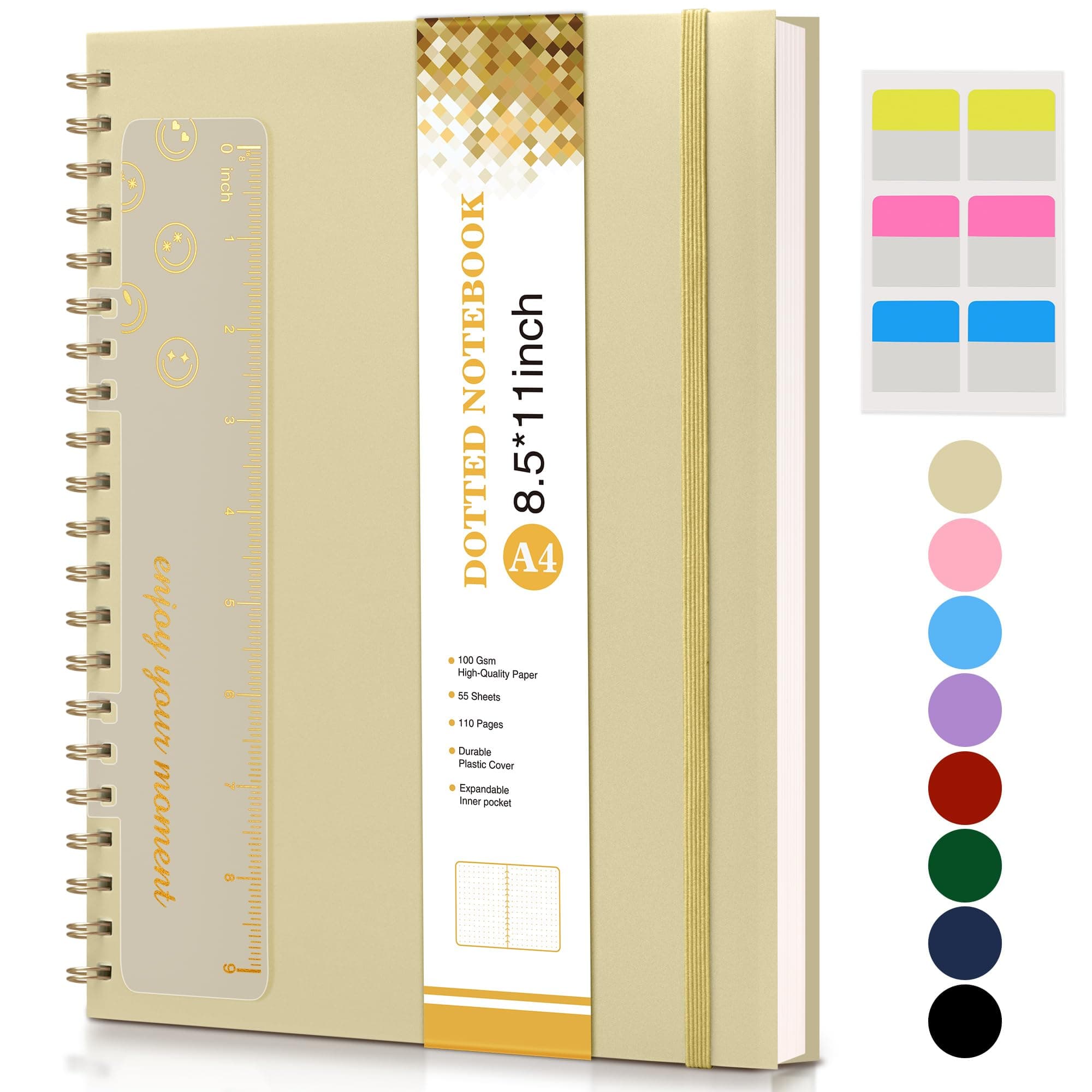 Dotted Notebook, Spiral Notebook Journal 8.5” x 11”, A4 Large Dot Grid Notebooks for Women Men, 100 GSM Dotted Paper, Plastic Hardcover Spiral Bullet Dotted Journals for Work School Sketching, Yellow