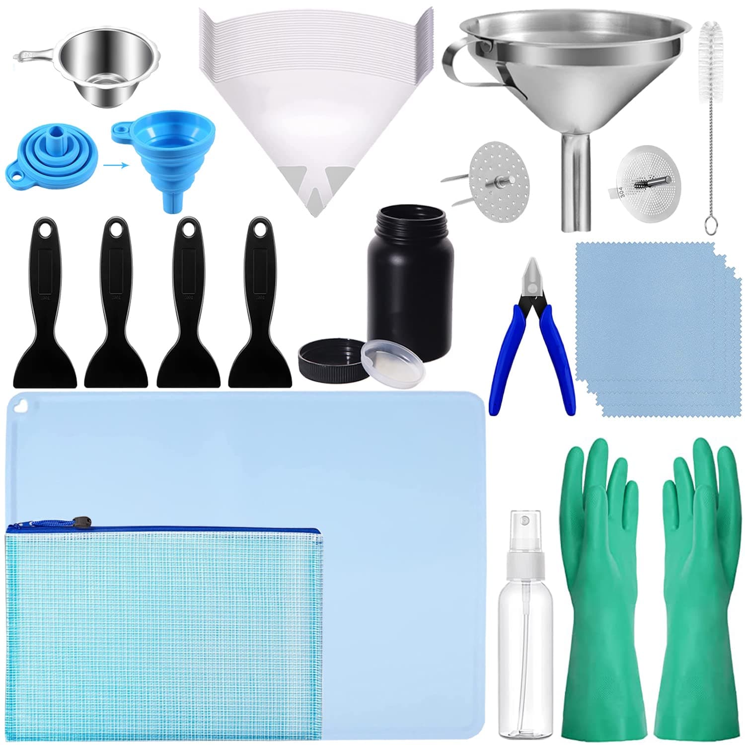 LCD 3D Printer Accessories Resin Tool Kit Includes Stainless Steel Funnel, Resin Filter, Silicone Pad, Photosensitive Resin Bottle, Basic Tools for SLA/DLP Printing