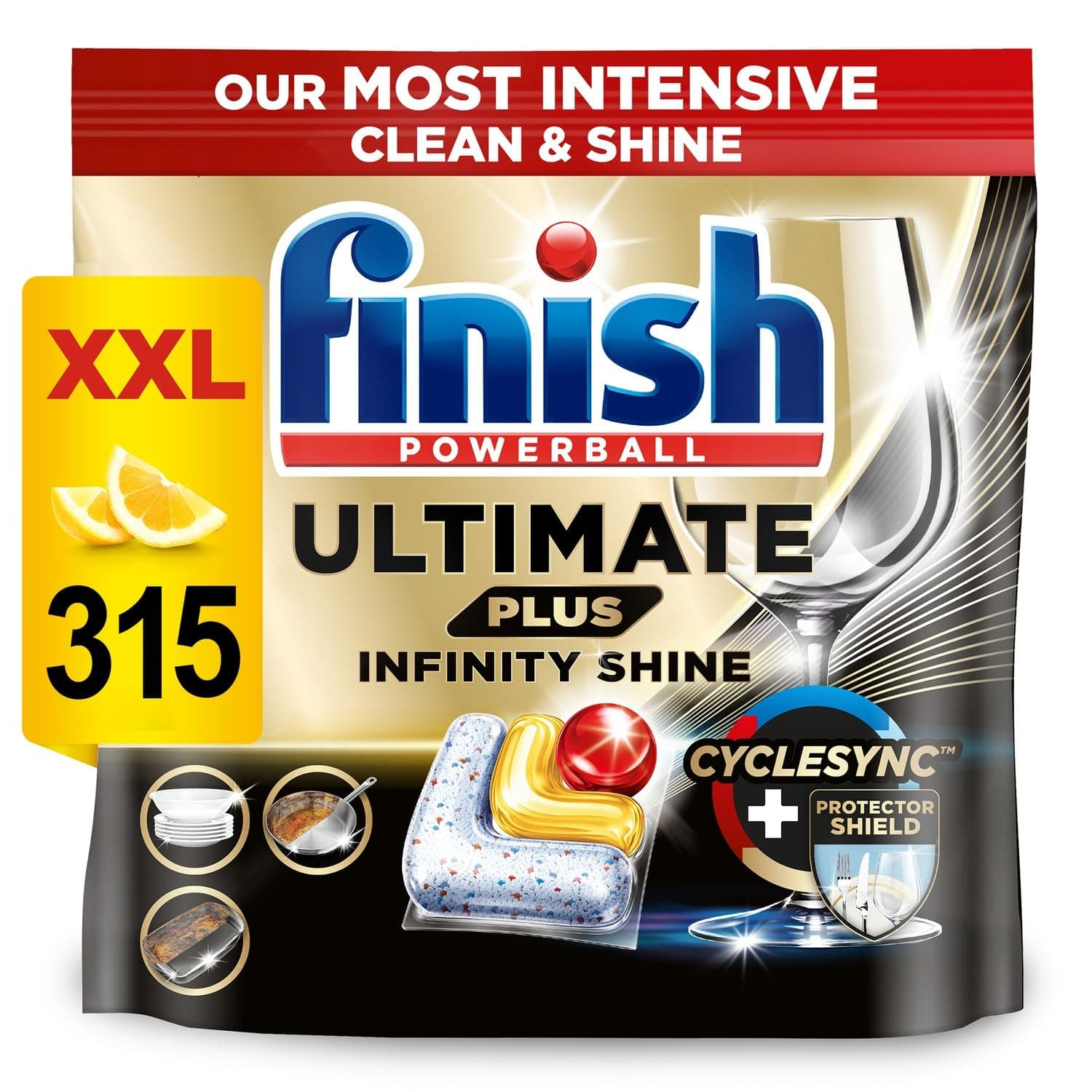 Dishwasher Tablet, Ultimate Plus Infinity Shine, 315 Tabs (105 x 3pck), Lemon Sparkle, Tough on Grease, Our Most Intensive Clean & Shine, Effective for Short Eco Cycle