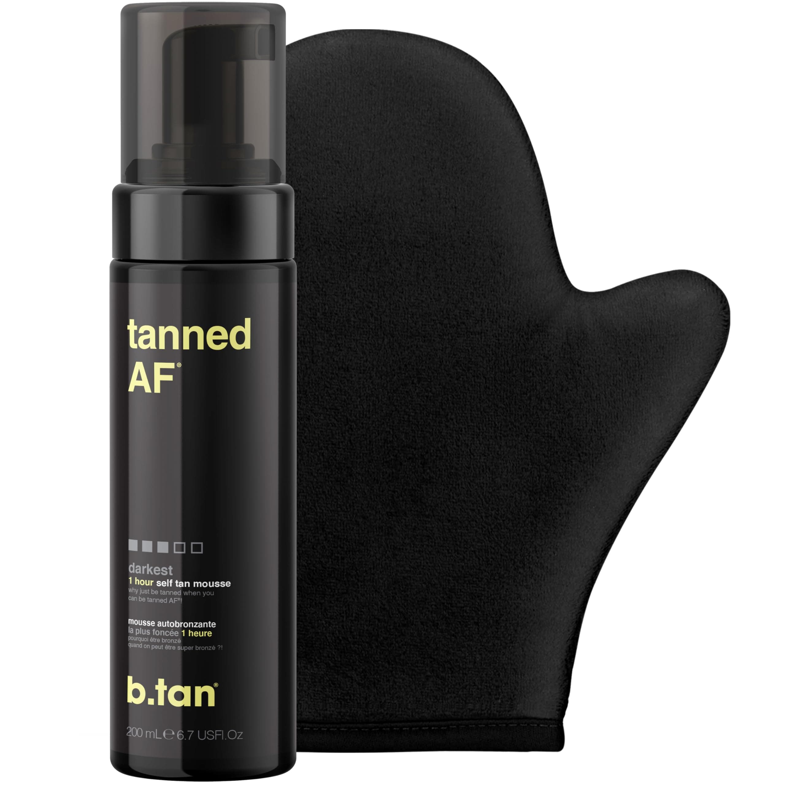 b.tan Tanned AF Tanning Kit - Self Tan Mousse with Applicator Mitt - Value Pack for Fastest, Darkest Tan