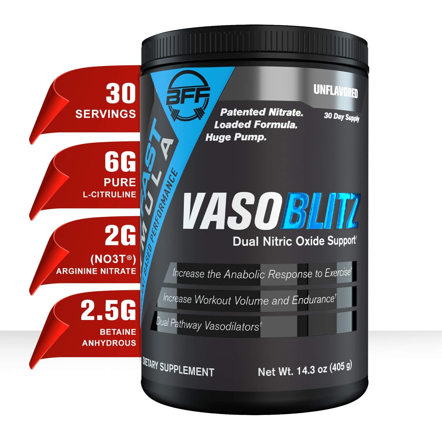 VASOBLITZ Award Winning Dual Nitric Oxide Pre Workout with NO3T Arginine Nitrate,L-Citrulline,Betaine Anhydrous,Calcium Lactate,Caffeine Free for Muscular Endurance(30 Serving) (Unflavored)