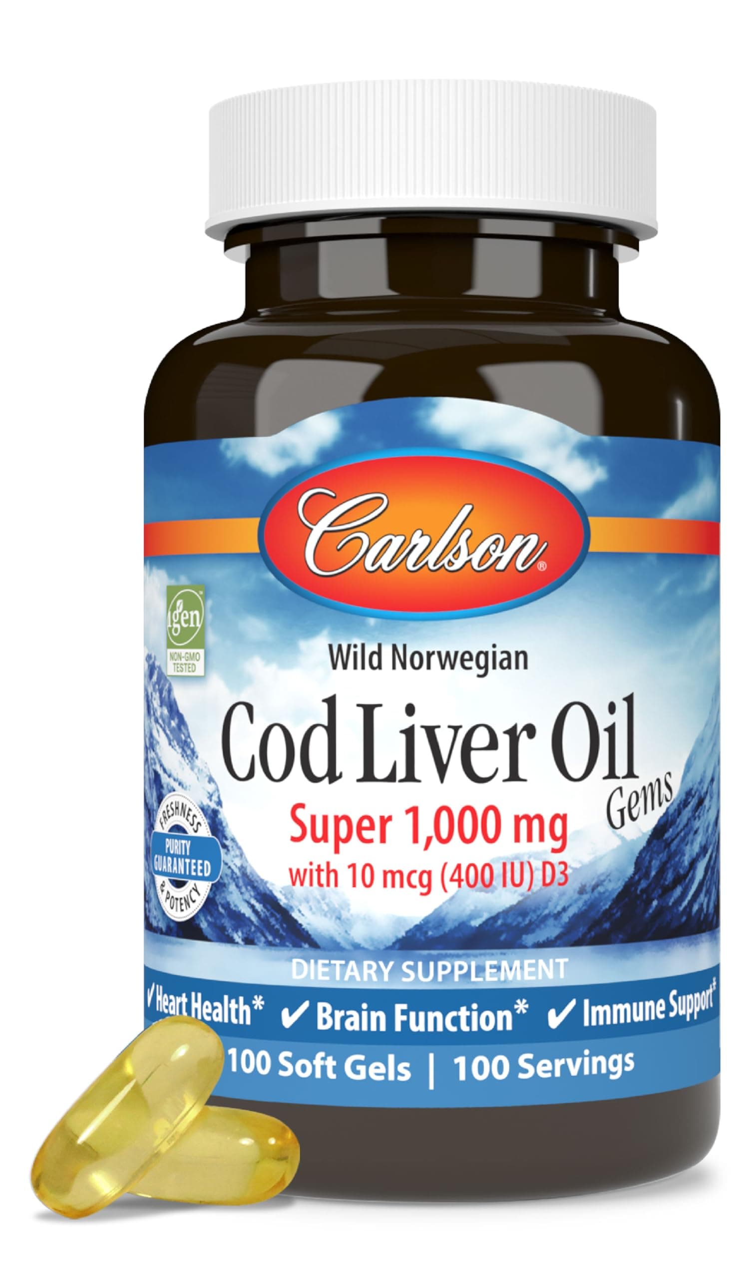Cod Liver Oil, Super 1000 mg + Vitamins A & D3, Wild Norwegian, Sustainably Sourced, 100 Softgels