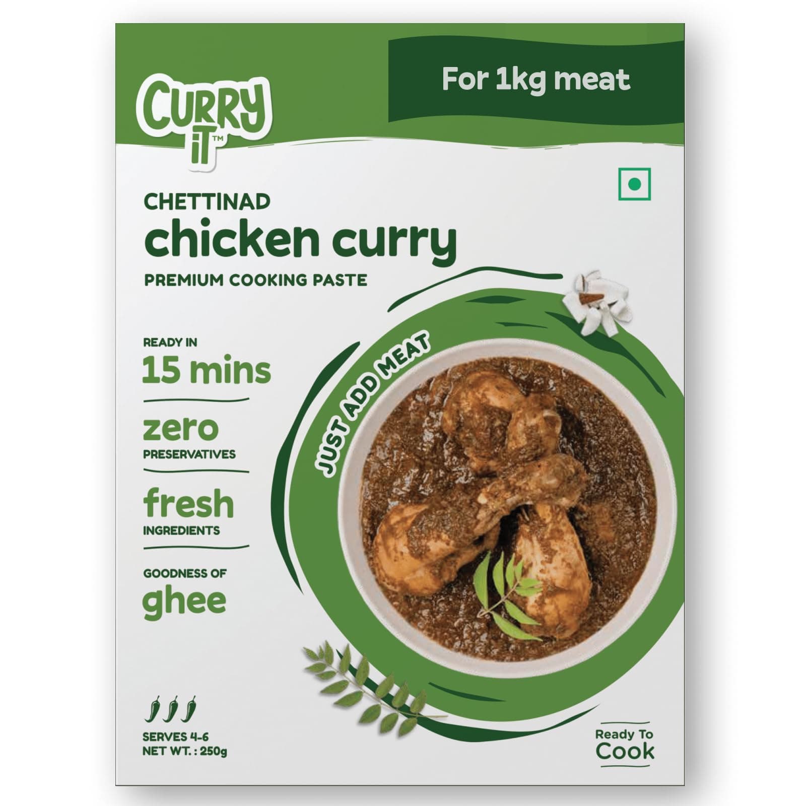 CURRYiT Instant Chettinad Chicken Curry Paste Just Add Chicken, Lamb, Fish, Egg Ready in 15-30 Mins Serves 4-6 Made with Ghee No Preservatives Ready to Cook Indian Cooking Sauce, 250 gm
