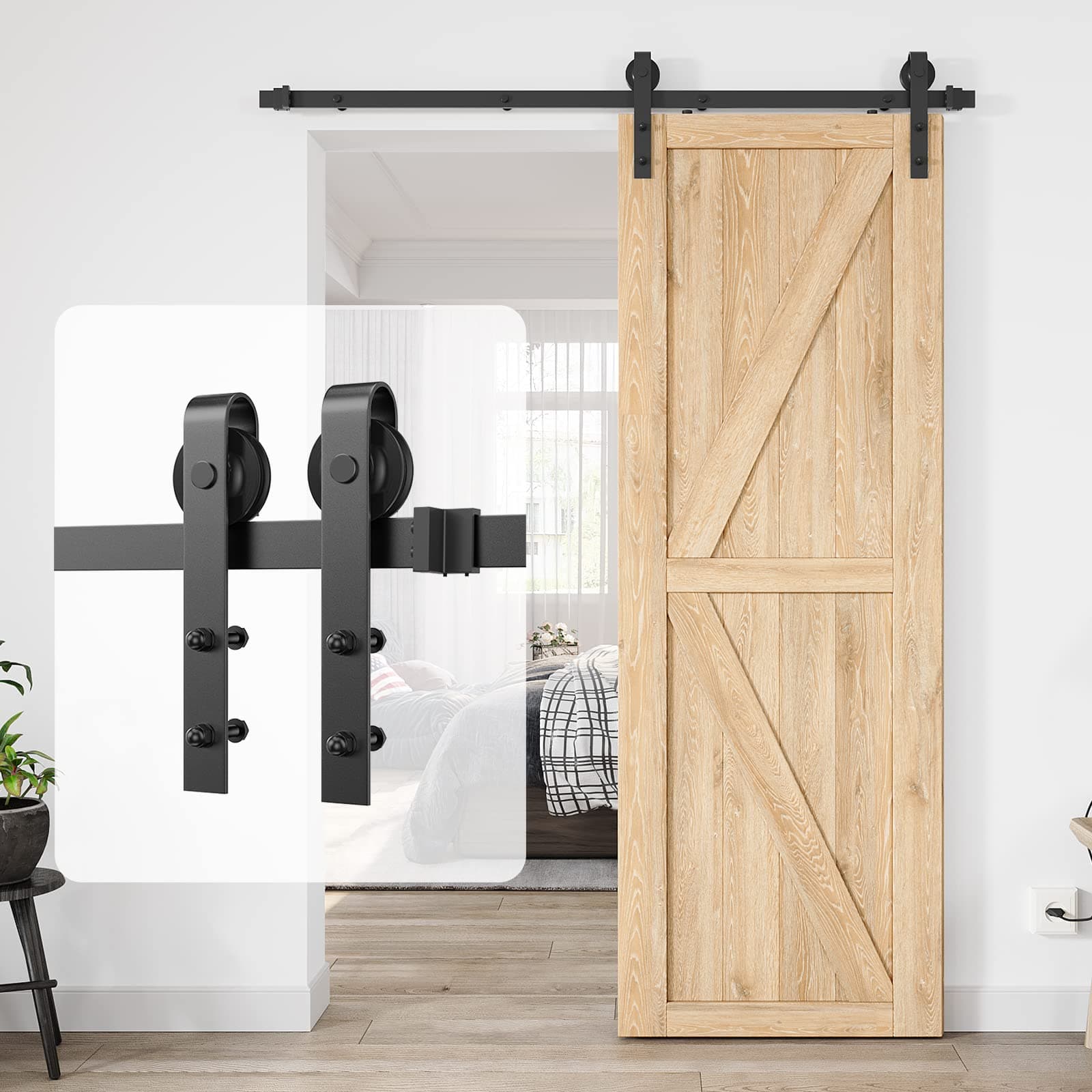 5ft Heavy Duty Sturdy Sliding Barn Hardware Kit Single Smoothly and Quietly-Simple and Easy to Install-Fit 1 3/8-1 3/4 inch Thickness Door Panel(Black)(J Shape Hangers)