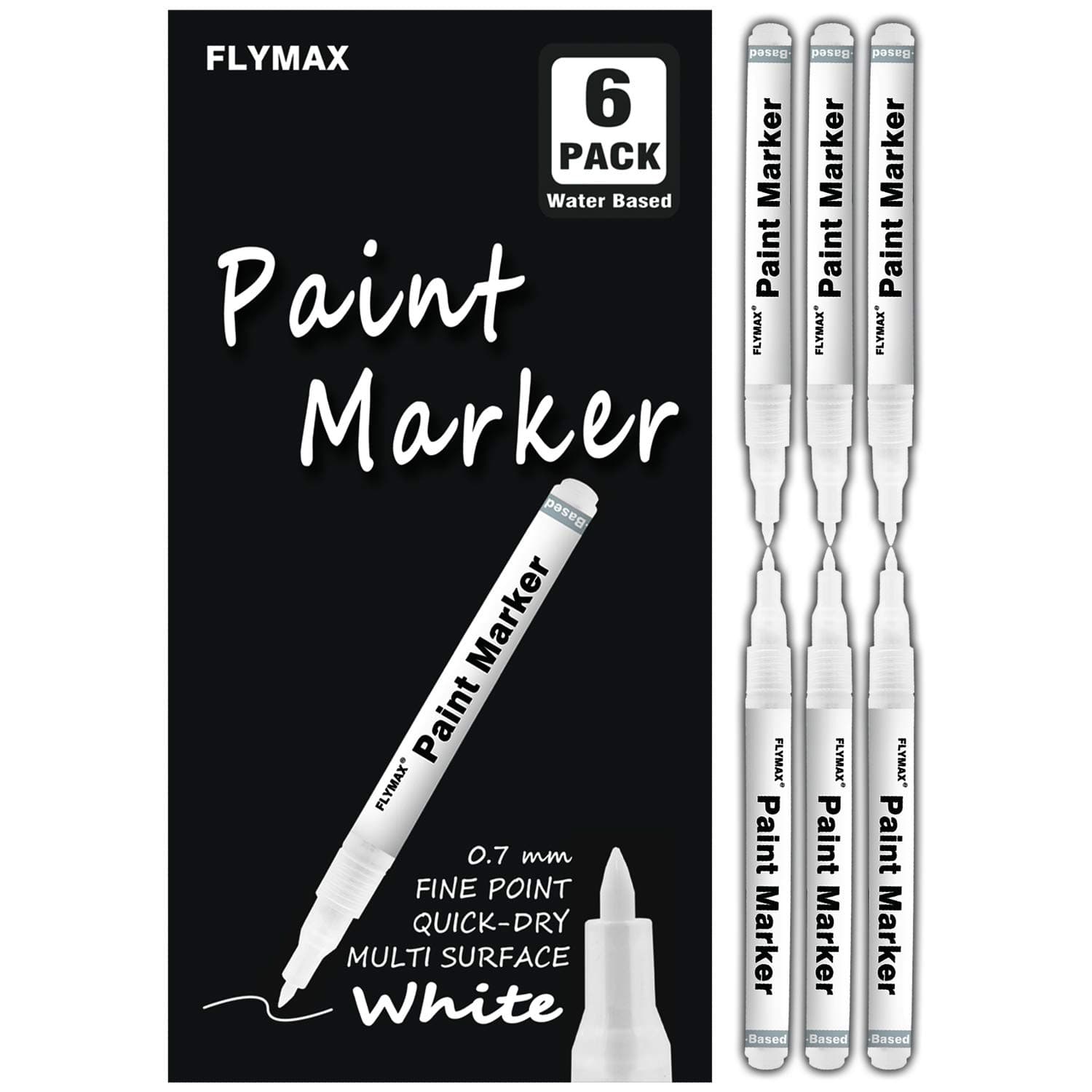 FLYMAX White Paint Pen, 6 Pack 0.7mm Acrylic White Permanent Marker for Wood Rock Plastic Leather Glass Stone Metal Ceramic Fine Waterproof