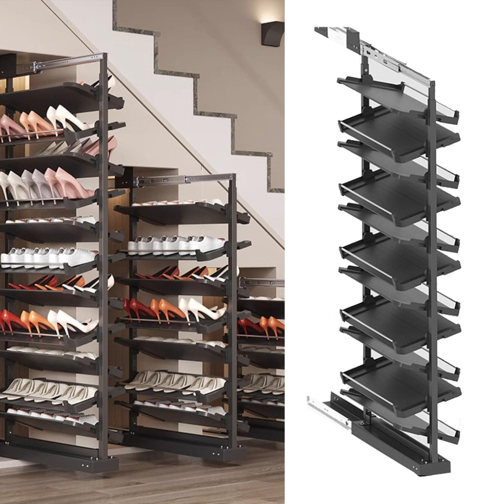 Pull-Out Shoe Rack Organizer for Closet Shoe Cabinet,Adjustable Height Retractable Metal Stackable Shoe Rack, Vertical Shelf Organizer for Small Bedroom Closet, Space Saving Storage, Black(75cm,11 Tie