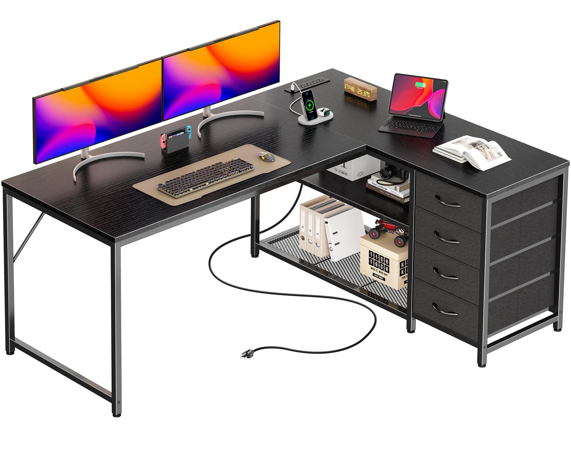 53" L Shaped Desk with Power Outlets and USB-C Port, Reversible Computer Corner Office Desk with 4 Fabric Drawers and 2 Height-Adjustable Shelves, Large for Gaming Writing Work Study, Black