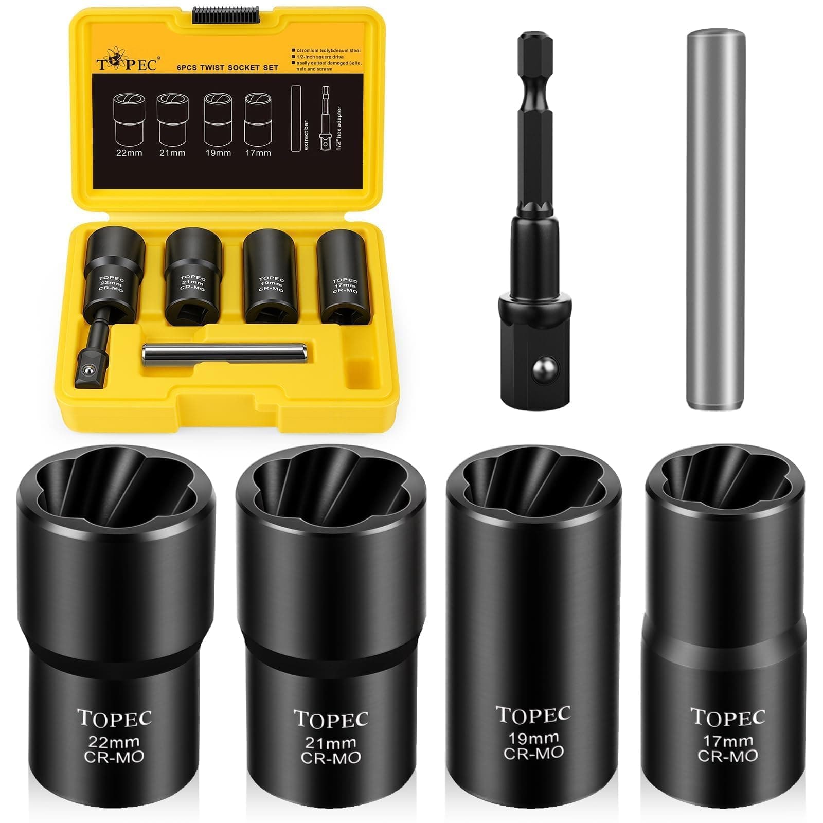 6PCS Lug Nut Removal Tool, 1/2-Inch Drive Wheel Lock Removal Kit, 17,19,21,22mm Stripped Lug Nut Remover, Extractor Socket Set for Broken, Damaged, Rounded Bolts