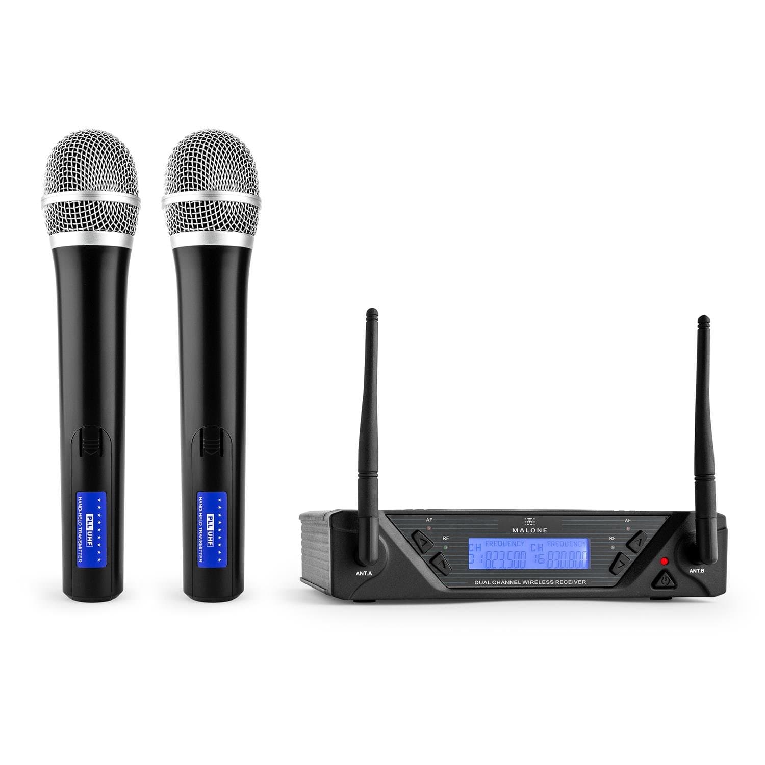 Malone UHF-450 Duo 1-2-Channel UHF Wireless Microphone Set, 2xWireless Hand-held Mics, Frequency Band: 823-832 MHz/Channel, LED, Long Operating Times, LCD, 2xXLR & 1x6.3mm Jack Out, Black