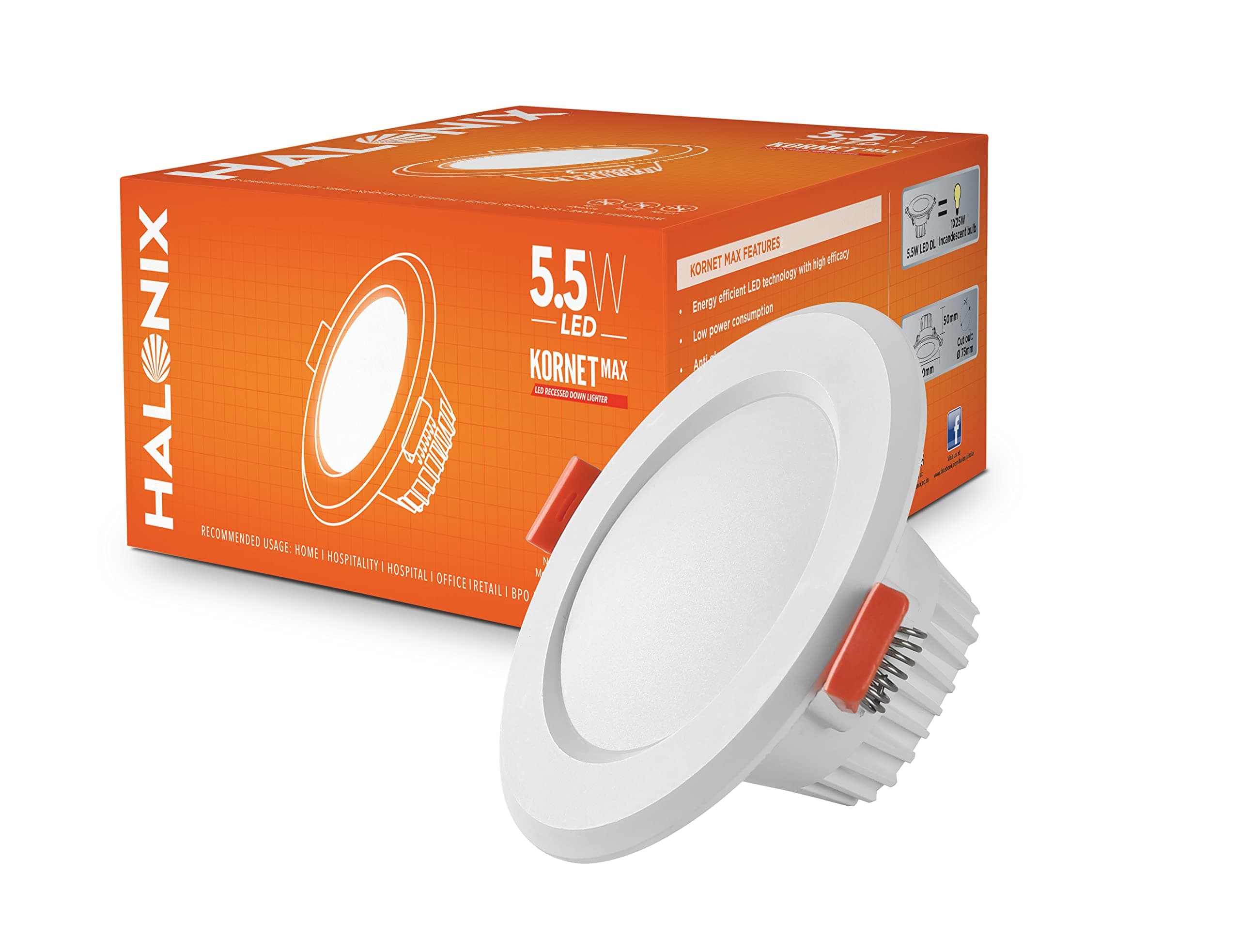 - Halonix Kornet 5.5-Watt Concealed downlighter | Junction Box Downlighter | Cut Out- 3 inch | Surge Protection - Upto 4 KV (Pack of 1, White), Polycarbonate