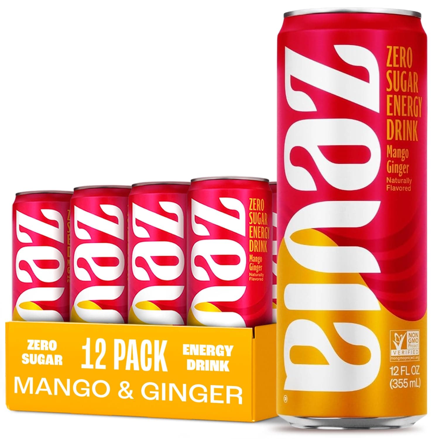 Zero Sugar Energy Drink, Mango Ginger, 12 oz Cans (12-Pack) – Naturally Sweetened, Zero Calorie Sugar Free Energy - Non-GMO Project Verified, Gluten-Free, Vegan