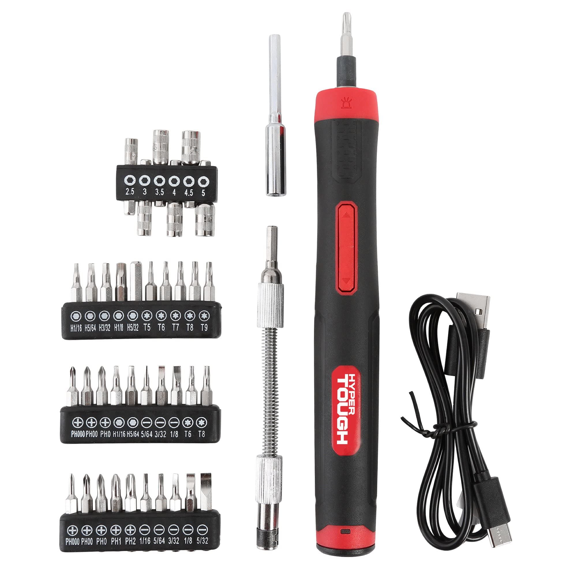 Hyper Tough45-Piece 4V RECHARGEABLE PRECISION SCREWDRIVER SET | BUILT-IN LED WORK LIGHT | USB-TYPE C CHARGING CORD | Bits | Nut Drivers | Flexible Extension Bar