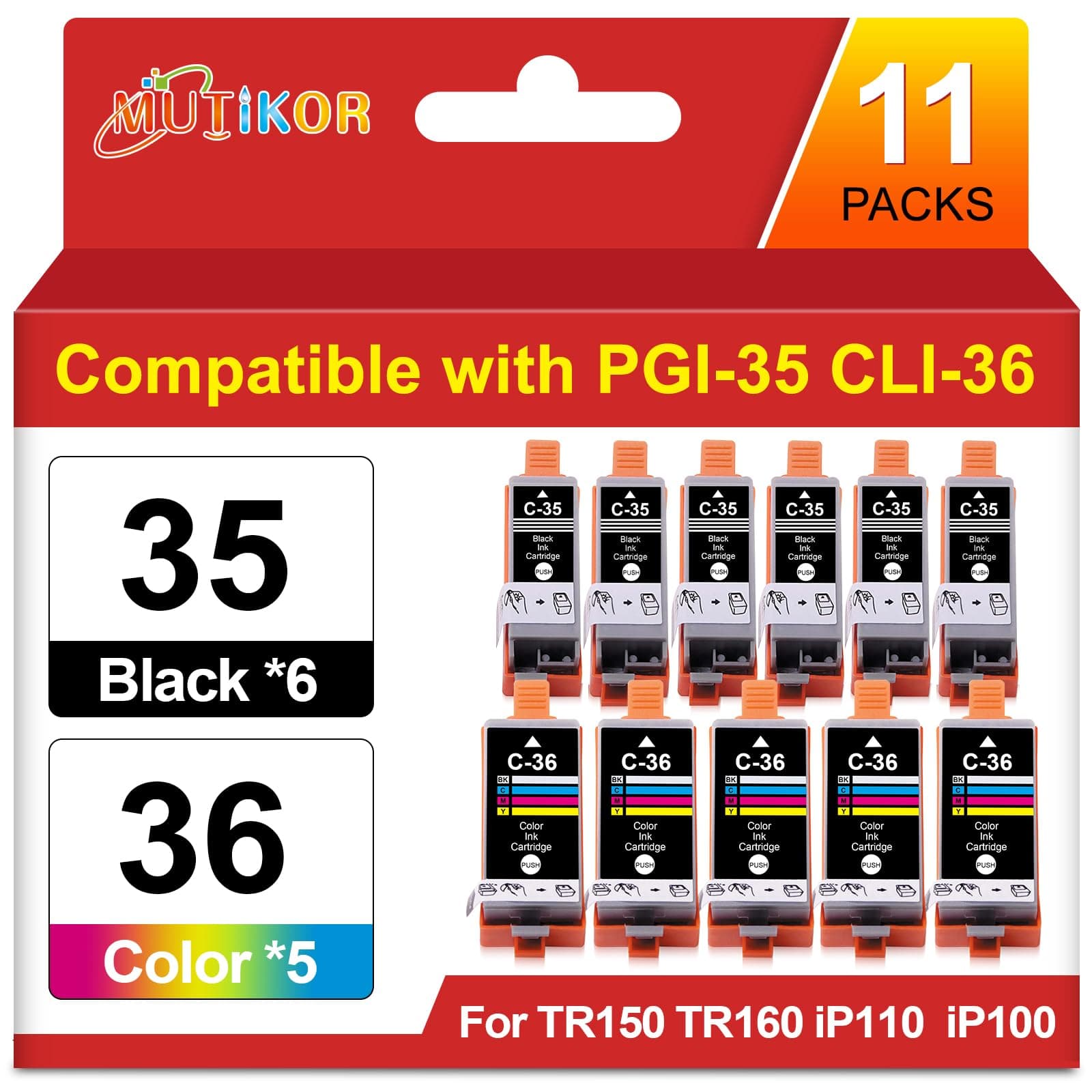 PGI-35 CLI-36 Printer Ink Compatible Replacements for Canon 35 36 Ink Cartridges Work for Canon PIXMA TR150 TR160 IP110 IP100 (6 BK and 5 Tri-Color for tr160, tr150 Ink)