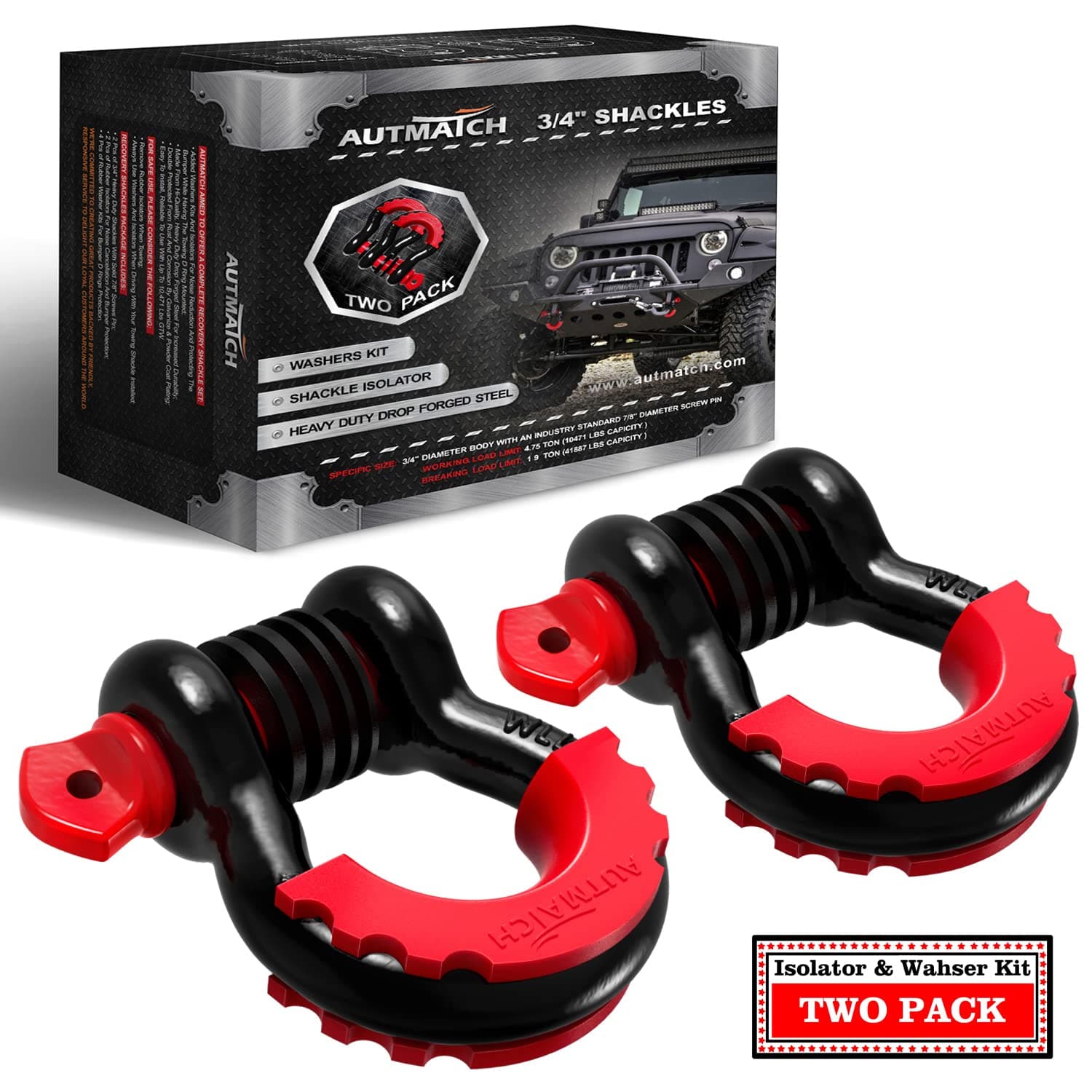 AUTMATCH D Ring Shackles 3/4" (2 Pack) Breaking Strength Approximately 19 Tons with 7/8" Screw Pin, Shackle Isolator, and Washers for Tow Strap, Winch, Off-Road Vehicle Recovery, 1.90cm (3/4 Inch