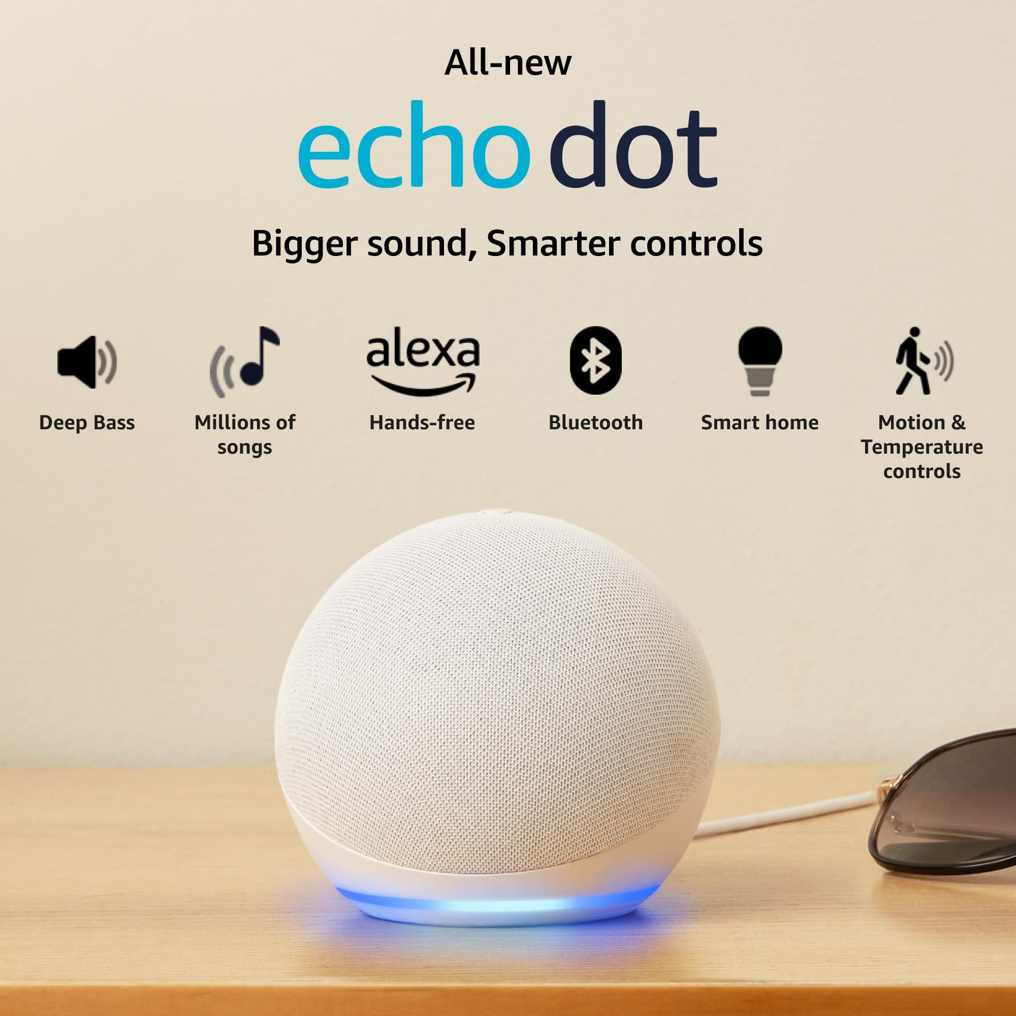 Echo Dot (5th Gen) | Smart speaker with vibrant sound, Motion Detection, Temperature Sensor, Alexa and Bluetooth| White