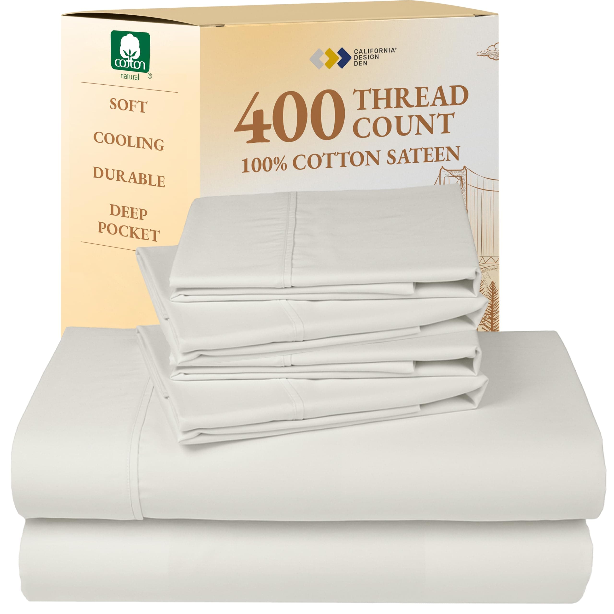 California Design Den 6-Pc King Size Sheet Set with 4 Pillowcases - Soft 400 Thread Count 100% Cotton Sheets, Sateen Weave, Deep Pocket Bedsheets Set - Ivory (Pale Tone)