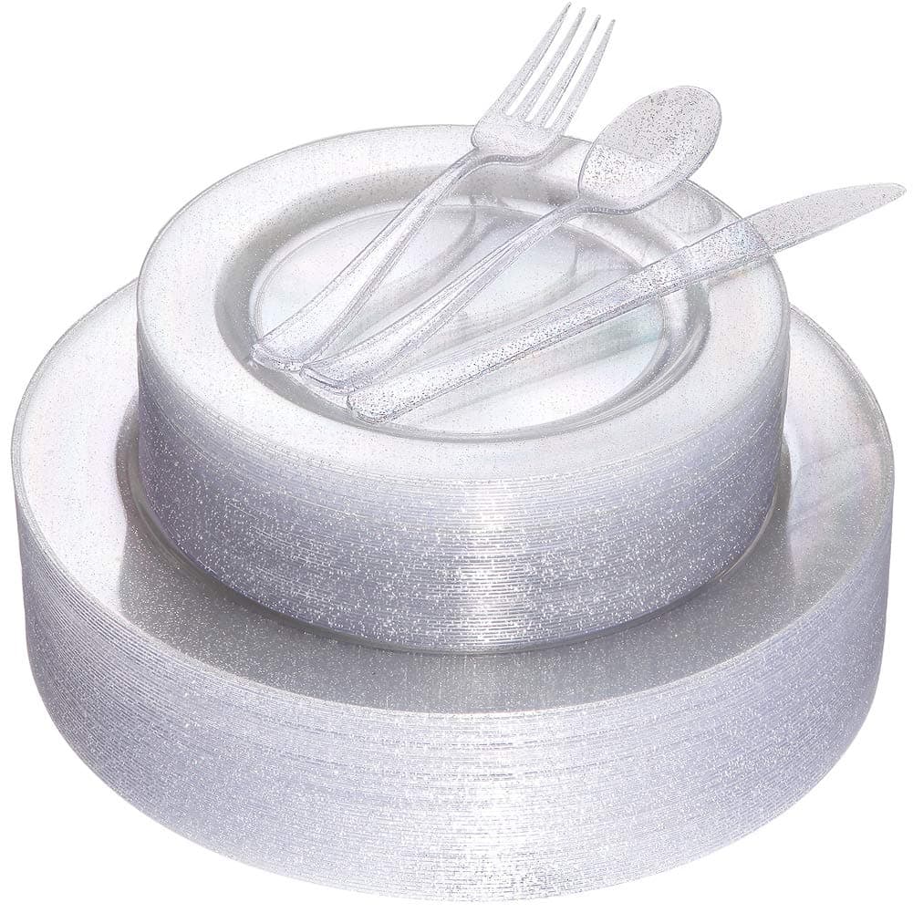 180pcs Silver Glitter Plates with Disposable Plastic Silverware Service for 36 Guest, Includes 36 Dinner Plates 10.25", 36 Dessert Plates 7.5", 36 Forks, 36 Knives, 36 Spoons