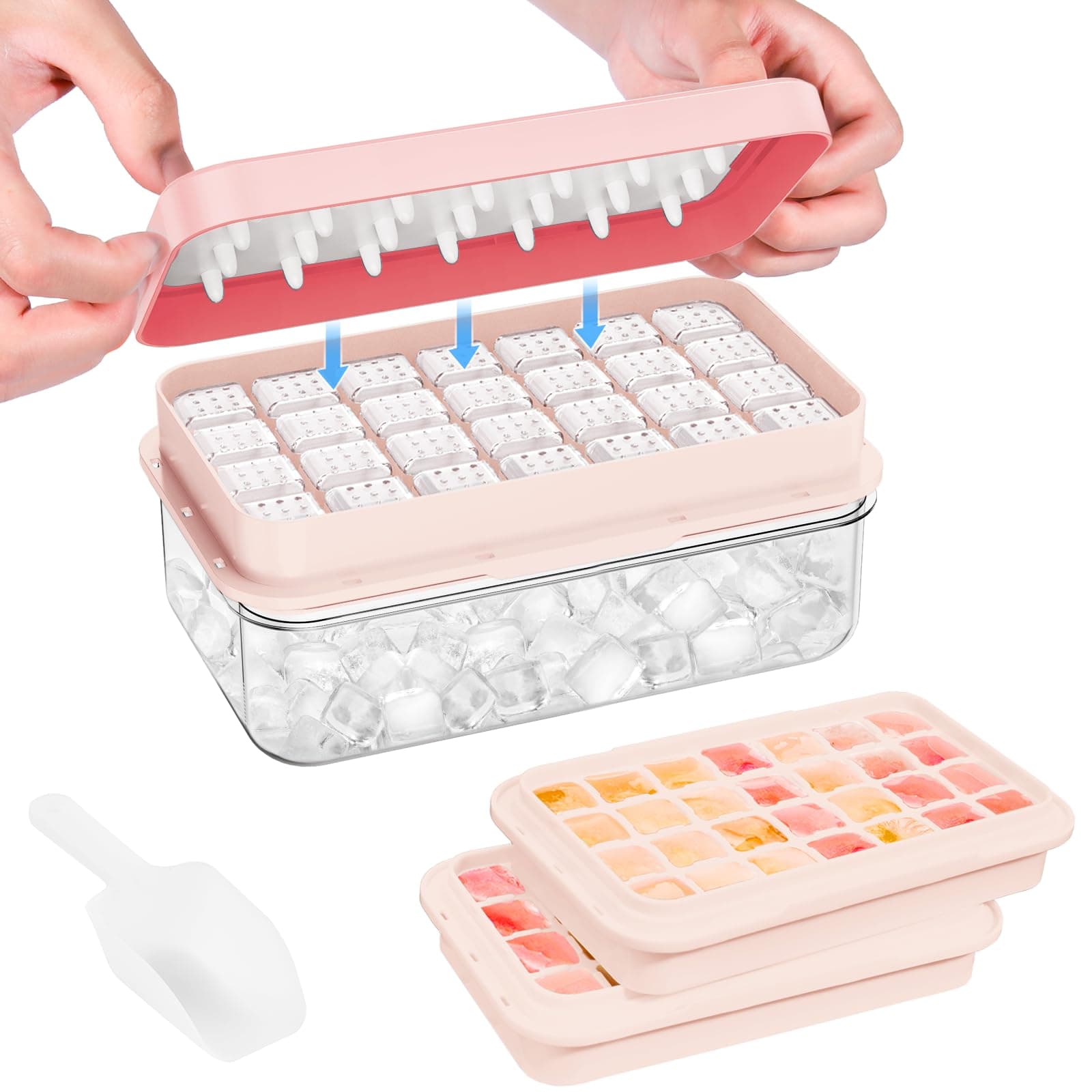 PHINOX Ice Cube Tray with Lid and Bin, Ice Trays for Freezer, Flexible Ice Cube Trays, Making 56 pcs Ice Cubes, Chilling Cocktail, Whiskey, Coffee, with 2 trays, Ice Container, Scoop&Cover, BPA Free