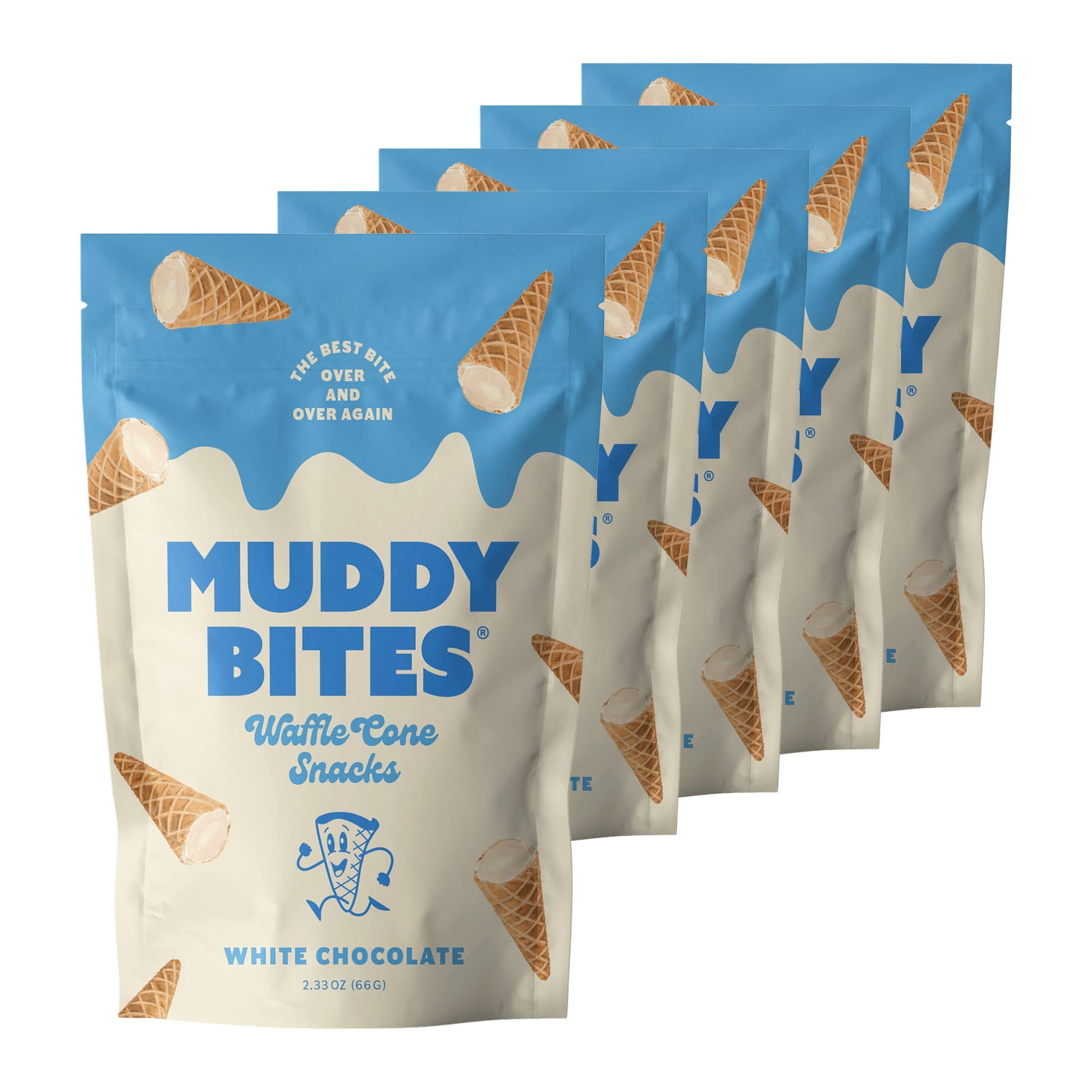 Muddy Bites Waffle Cone Snacks Bite Sized Chocolate Filled Waffle Cones for Snack or Dessert, Ice Cream Topping, Premium Chocolate made with Pure Cane Sugar, Kosher (White Chocolate, 5 Bags)