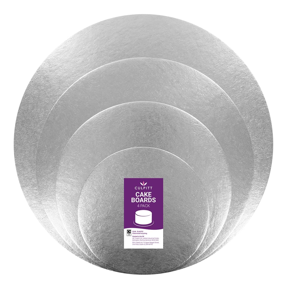 CulpittCut Edge Round Cards, 4 Board Multipack, 6", 8", 10", 12", Round Cake Cards, Silver Cake Boards, 1.8mm Thick, 4 Pack For Tiered Cakes (90278)