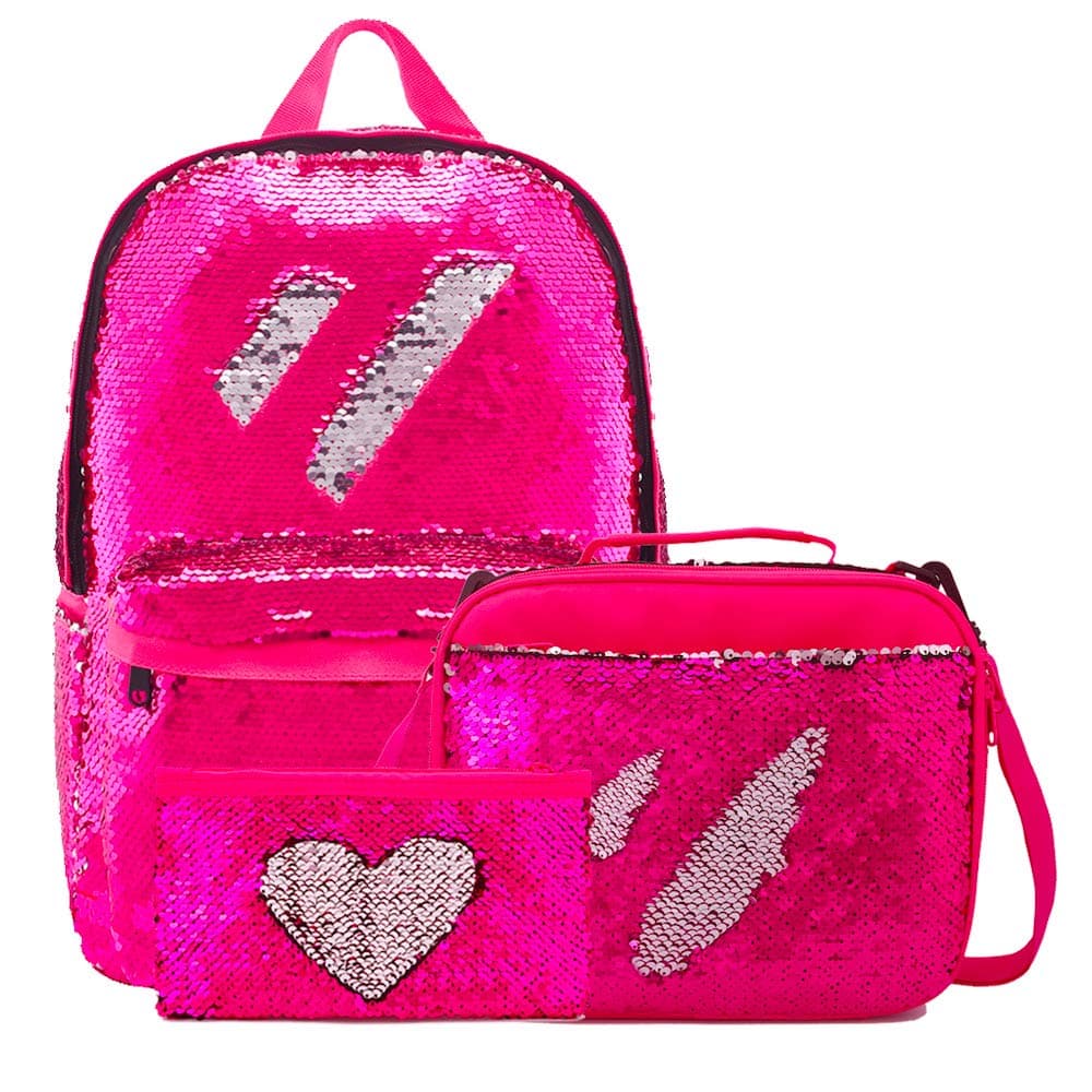 Kids School Backpack with Sequin Lunch Box Magic Pencil Holder for Girls (Set-Rose Red)