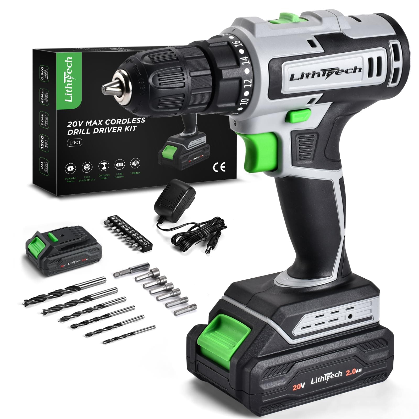 Cordless Drill Set, 20V Power Drill with Battery 2.0Ah and Charger, 3/8-Inch Keyless Chuck Electric drill, 18+1 Position, 2 Variable Speed, 380 In-lb Torque (Gray)