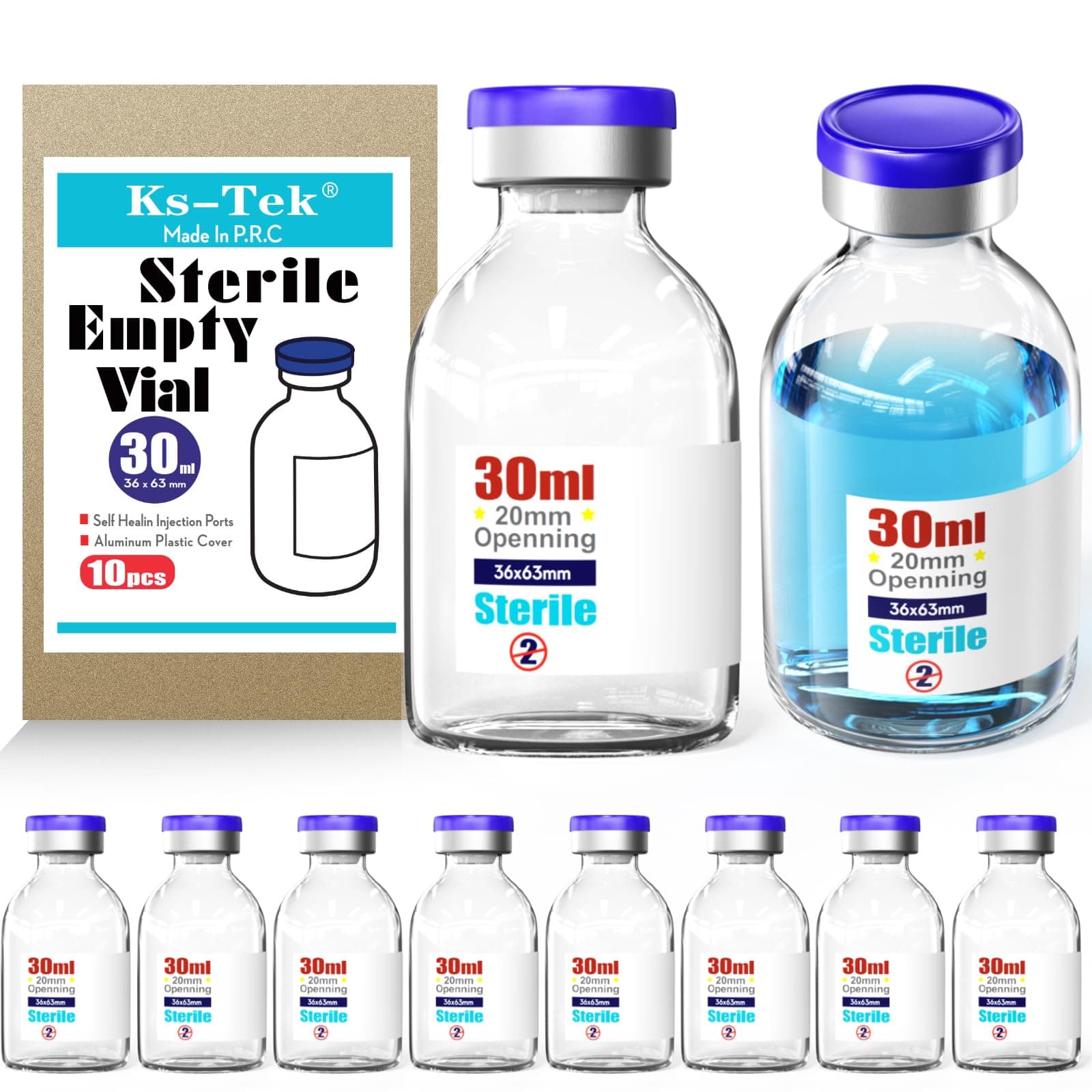 Ks-Tek Sterile Empty Vials with Self Healing Injection Port,with Flip Off Aluminum Cap,Sterile Package (30ml,10)