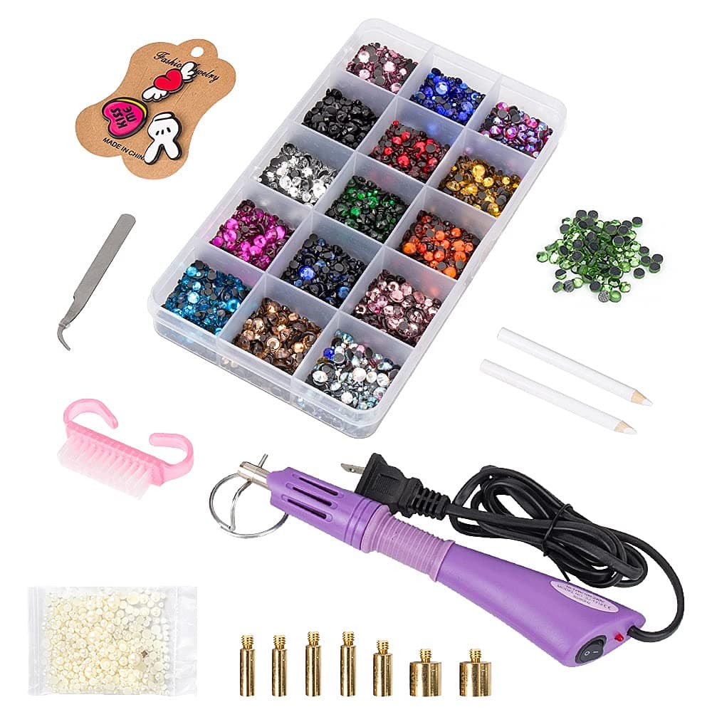 Hotfix Applicator,DIY Hot Fix Rhinestone Applicator Tool Kit with 7 Different Sizes Tips,Tweezer,Wax Pencil,Support Stand,Brush and 1 Box Hot-Fix Rhinestone Crystal Embellishments