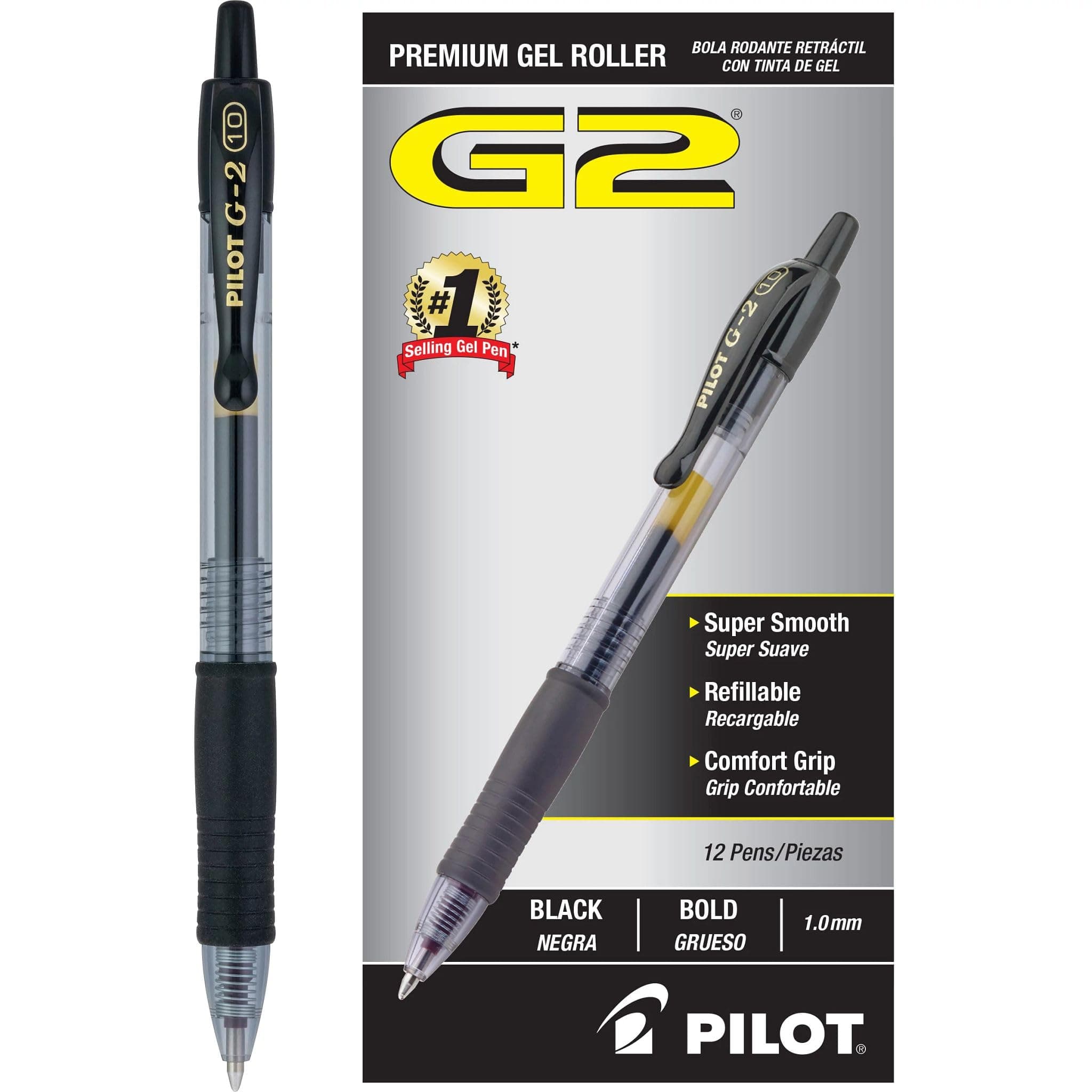 PILOT G2 Premium Refillable & Retractable Rolling Ball Gel Pens, Bold Point, Black Ink, 12-Pack (31256)