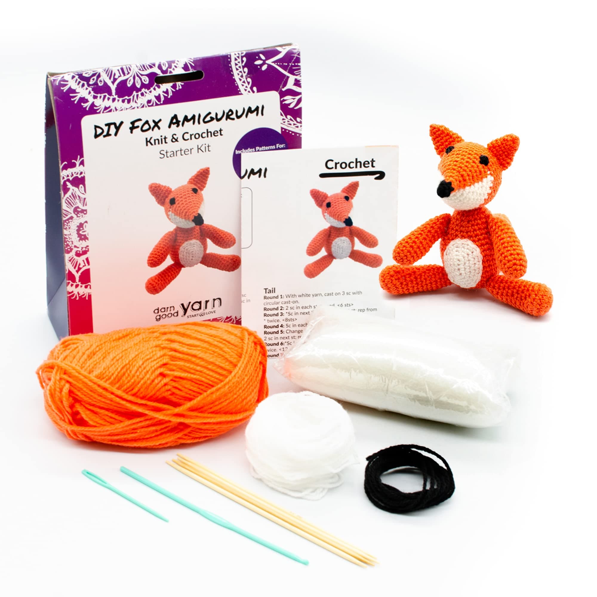 Darn Good Yarn - Crochet kit for Beginners to Intermediate | Fox DIY Crochet Amigurumi - Crochet Kit Include Pattern, Yarn, Crochet Hook, Stuffing and Knitting Needles