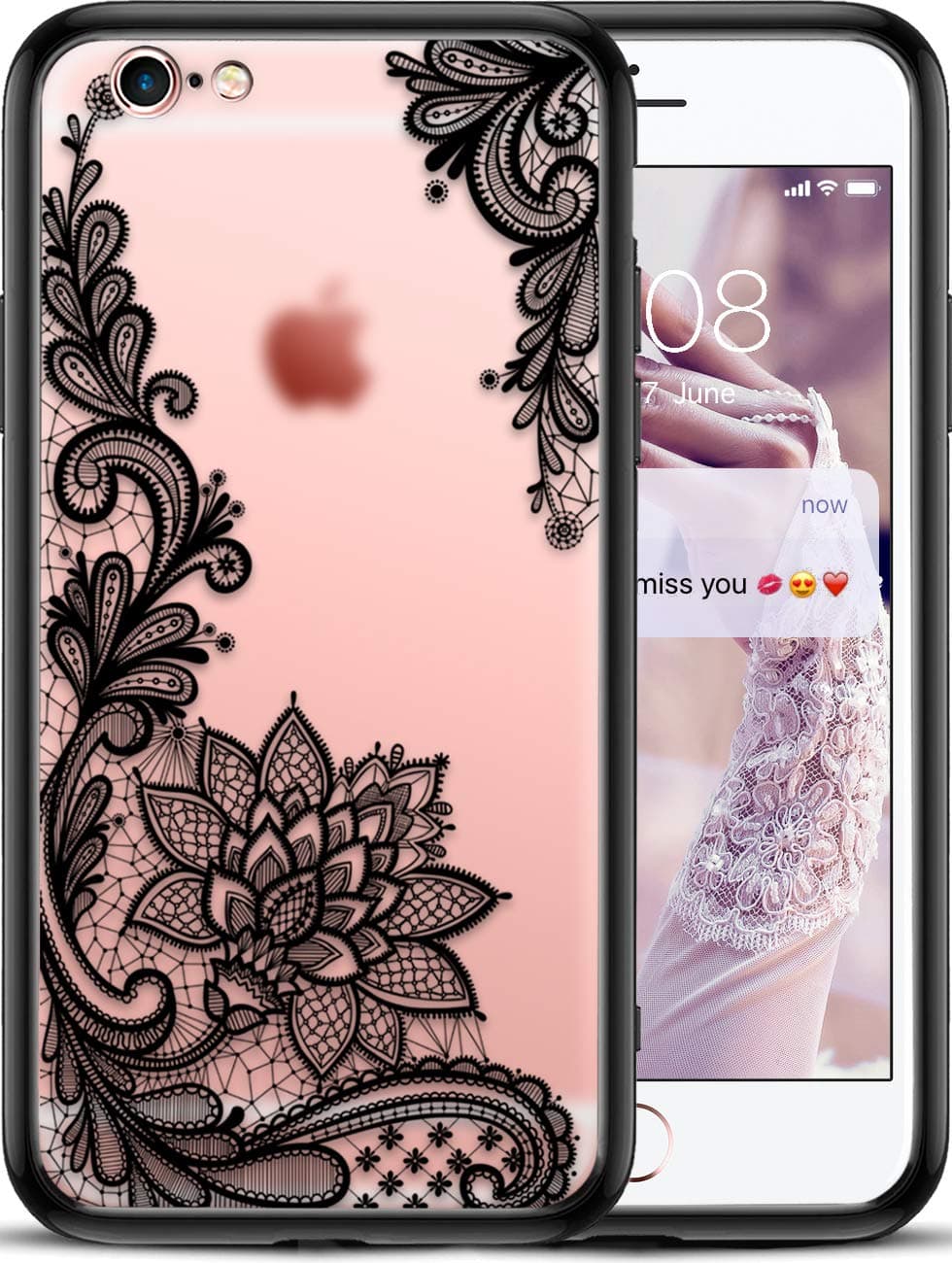 TM - Matte Phone Case for Apple iPhone 6 iPhone 6S for Girls Womens with Cute Black Floral Design Shockproof Protective Slim Ultra Thin Hard Back Cover Rubber Bumper Cool Flowers Henna