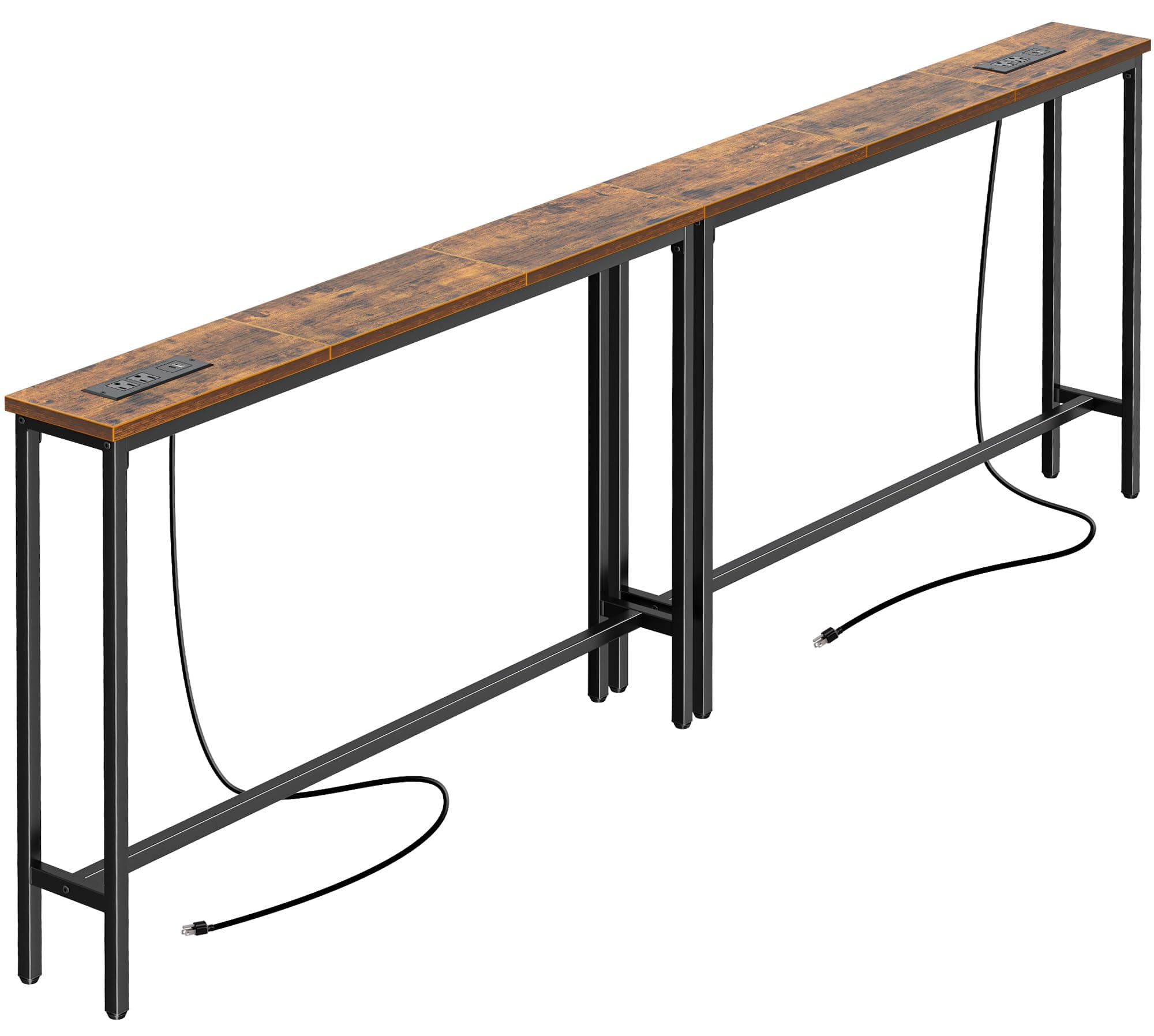 SUPERJARE 5.9 Inch Narrow Console Table with Outlet, Sofa Table Set of 2, Total Length 78.8'', Behind Couch Table, Long Entryway Tables with Charging Station, for Living Room, Hallway, Rusitc Brown