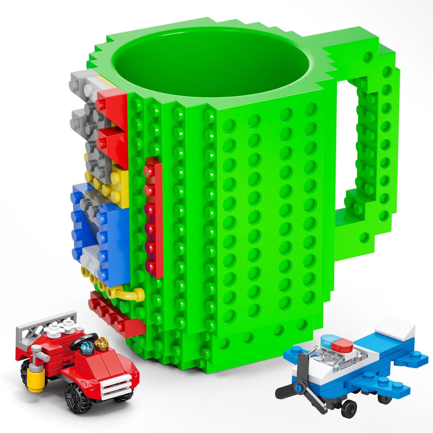 DAYMOO Build-on Brick Mug Set with 2 Random Packs of 2-in-1 Bricks, Cool Coffee Mugs for Kids, Creative Novelty Funny Coffee Mug Cup Gift for Kids Men Dad Adults Women Xmas Christmas - Green