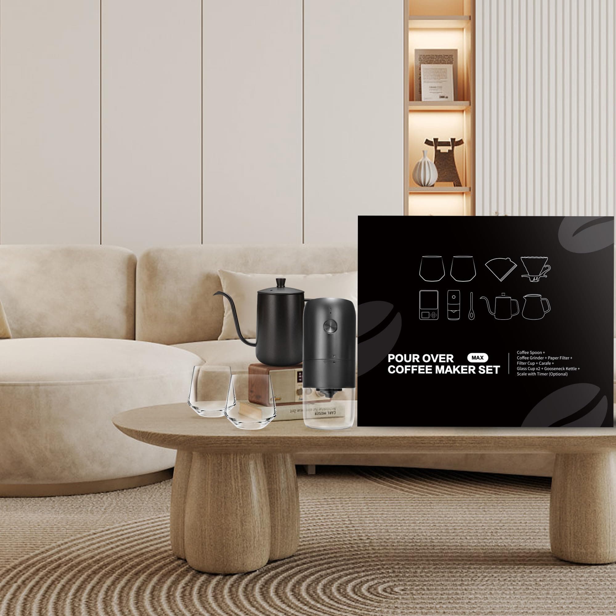 SuperCook Pour Over Coffee Maker Kit with Kettle, Electric Grinder, Ideal for Professionals, Black, 32oz (946ml) Capacity