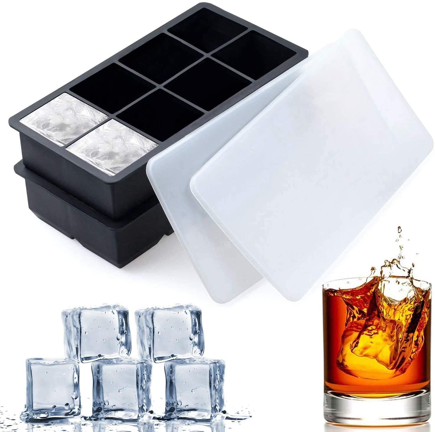 Large Square Ice Cube Trays - 2 Pack Silicone Tray Set with BPA Free Plastic Lids for 8 Square Cubes Flexible Stackable Easy Release Freezer Molds for Whiskey, Cocktails and Mixed Drinks
