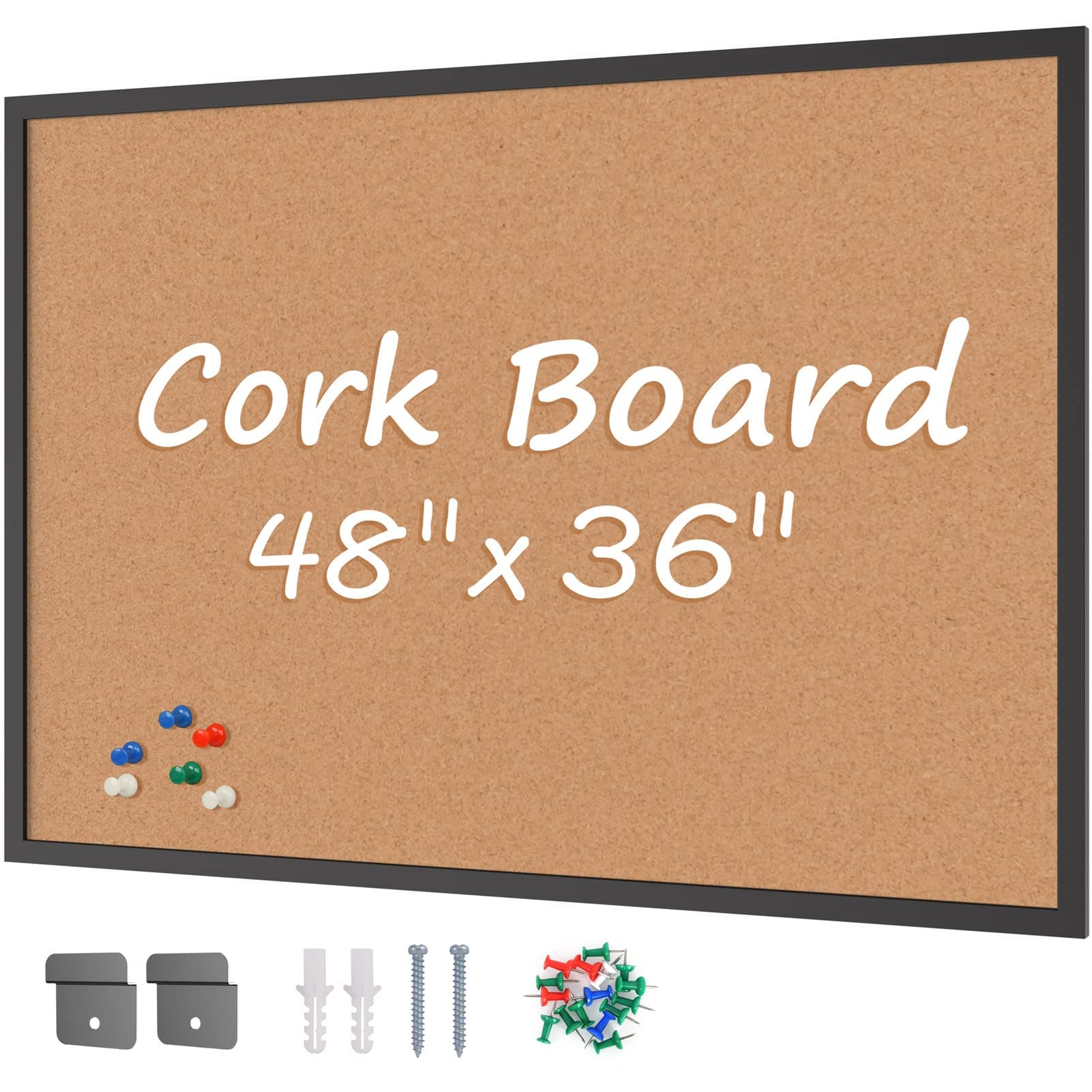 Board2by Cork Board Bulletin Board 36 x 48, Black Wood Framed 4x3 Corkboard, Office Board for Wall Cork, Large Wall Mounted Notice Pin Board with 18 Push Pins for School, Home & Office
