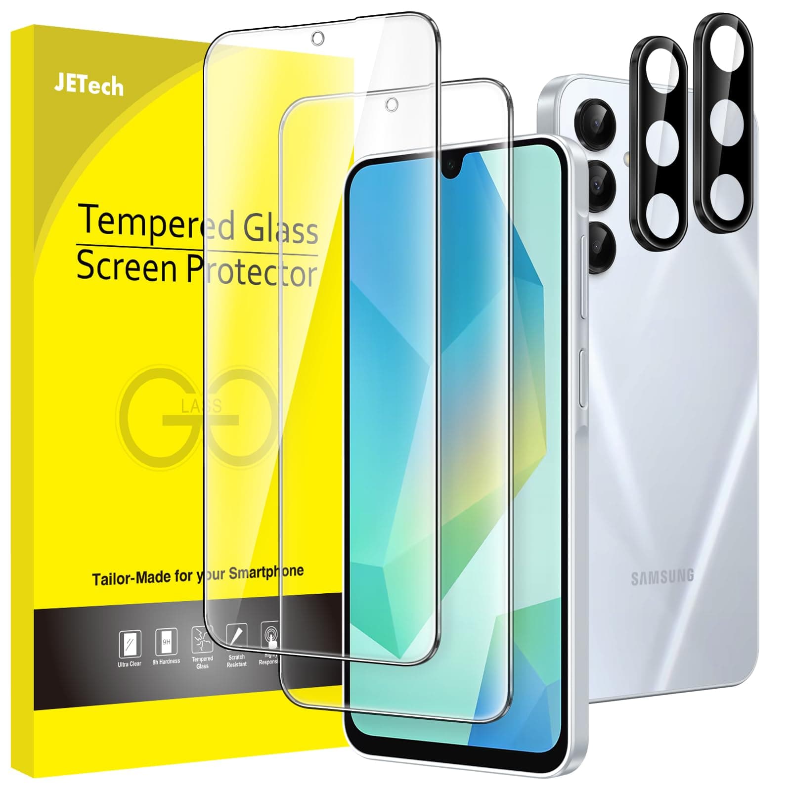 JETech Screen Protector for Samsung Galaxy A16 5G / 4G 6.7-Inch with Camera Lens Protector, Tempered Glass Film, HD Clear, 2-Pack Each