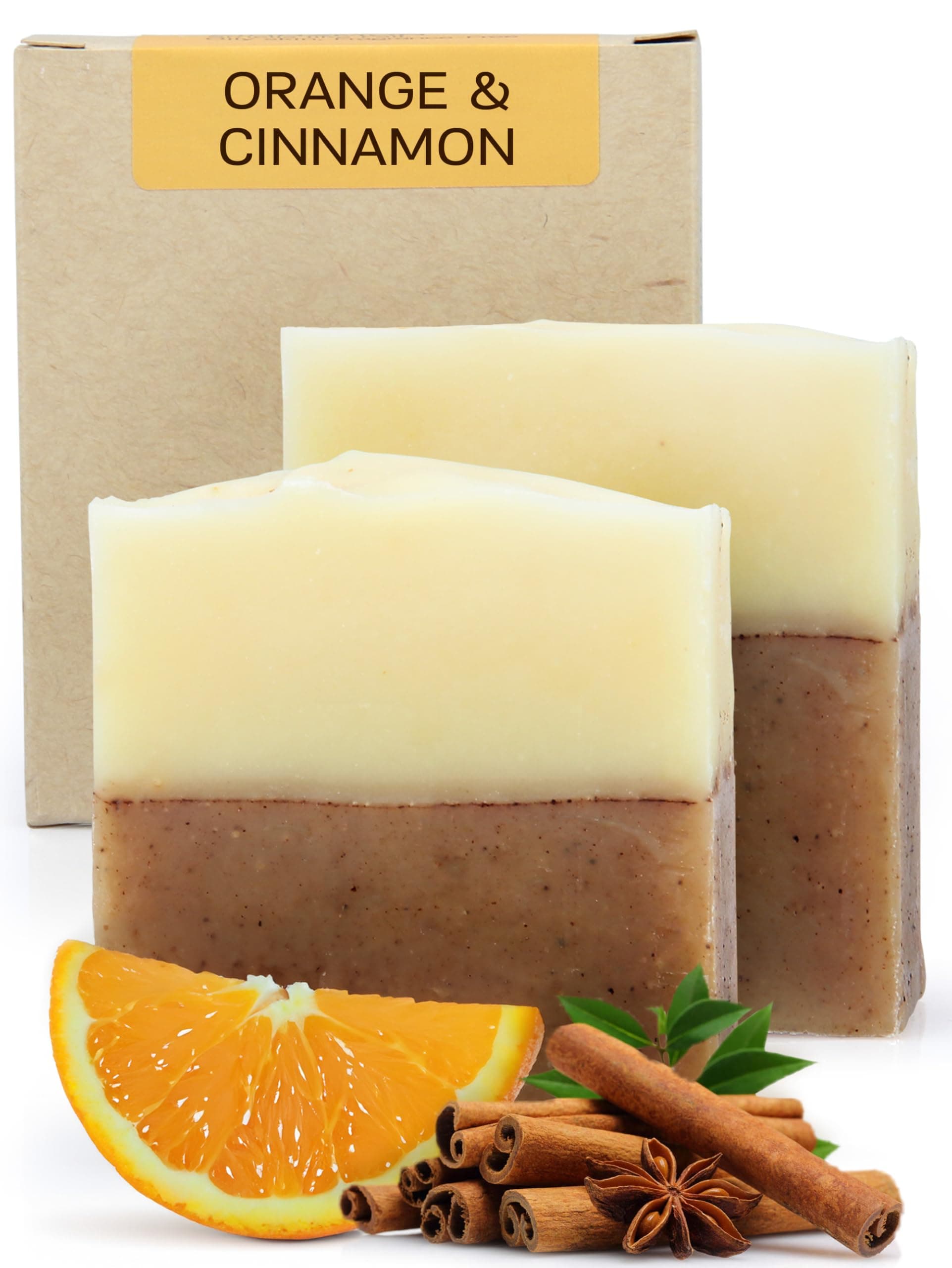 Orange Cinnamon Organic Soap Bar (Handmade, Pack of 2) - Natural, Vegan, Organic Essential Oils, Unscented Bar Soap for Oily and Acne-Prone Skin, Cruelty-Free, 4.2 Oz Each