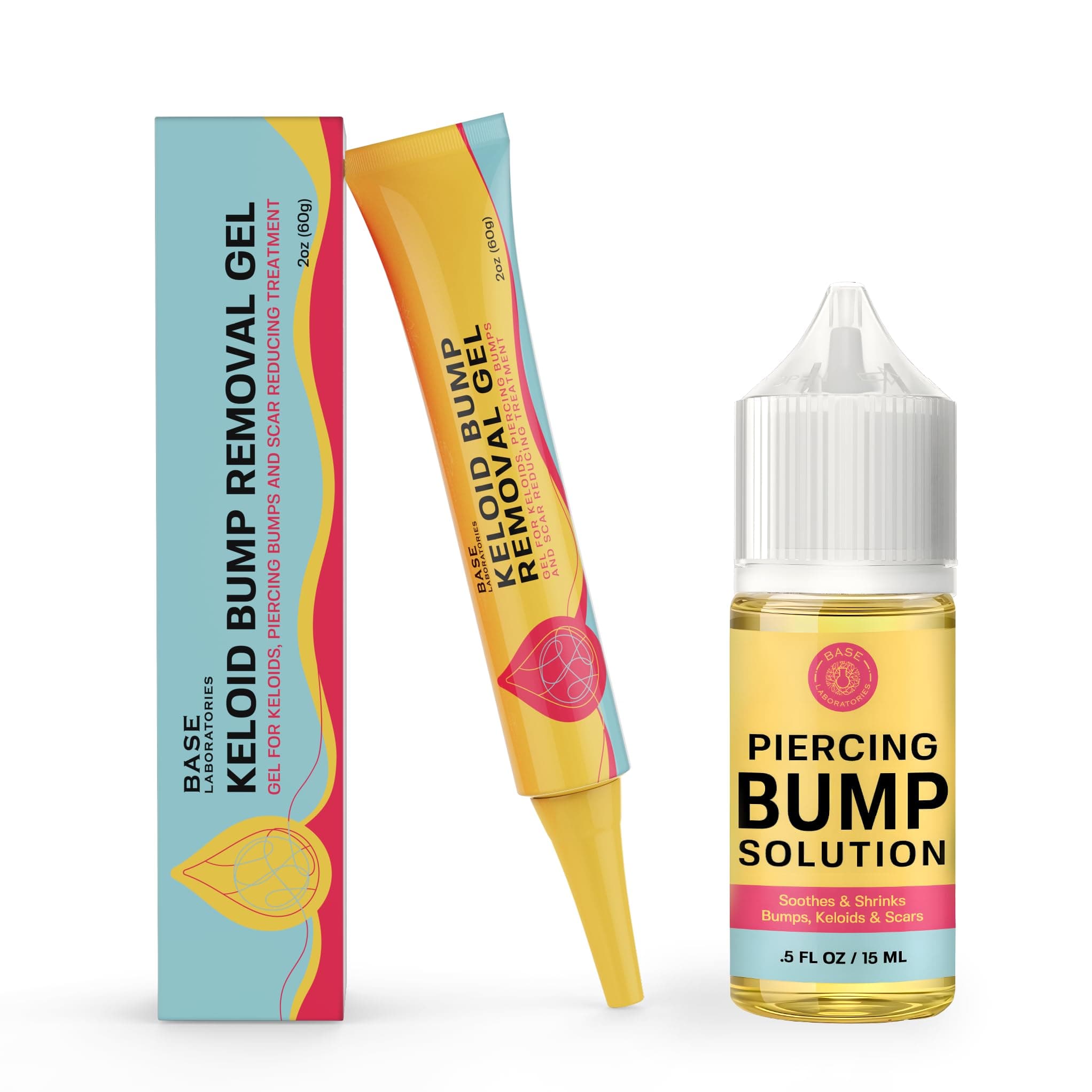 BASE LABORATORIES Piercing Keloid Bumps Duo | Piercing Bump Solution (.5oz) + Keloid Bump Gel (2oz) | Keloid Scar Kit for all Piercing Scars, Keloids & Bumps