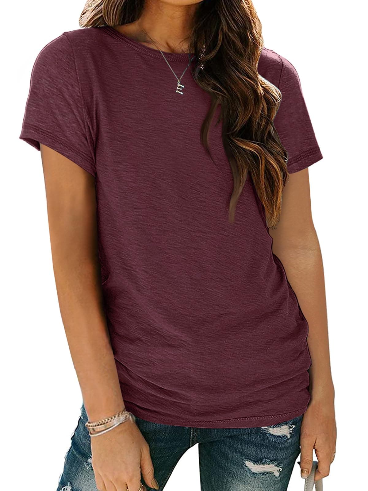 AUTOMET Women's Soft Basic Short Sleeve T-Shirt, Round Neck Tops Summer Casual Tee for Spring Shirts Clothes Everyday Wear