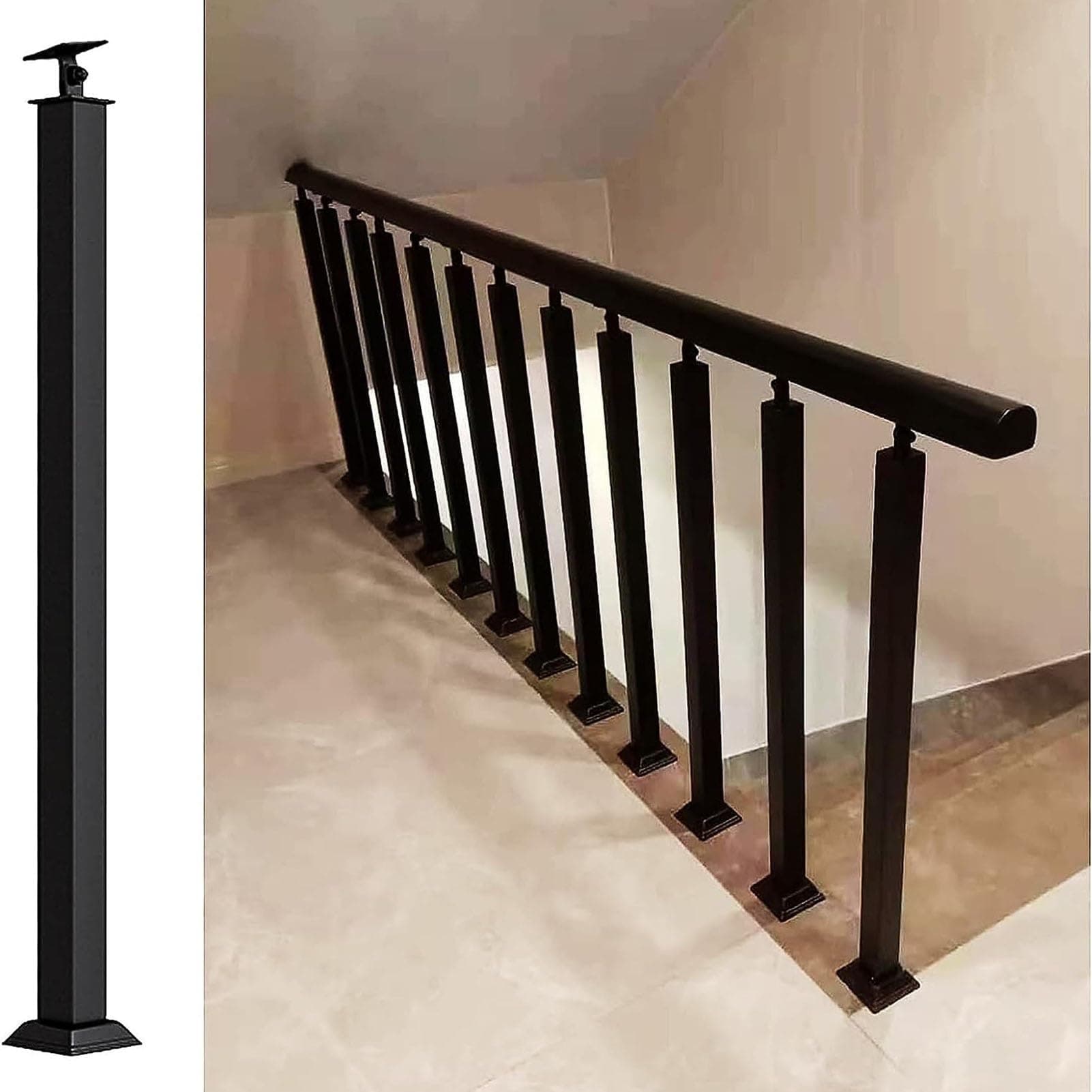 Square Stair Baluster Posts- 270° Adjustable Metal Railing Spindles with Flat Bracket Base and Screws Kits, Black Metal Banister Column for Indoor Outdoor Stairway Platform Support Pole (Color : 1,