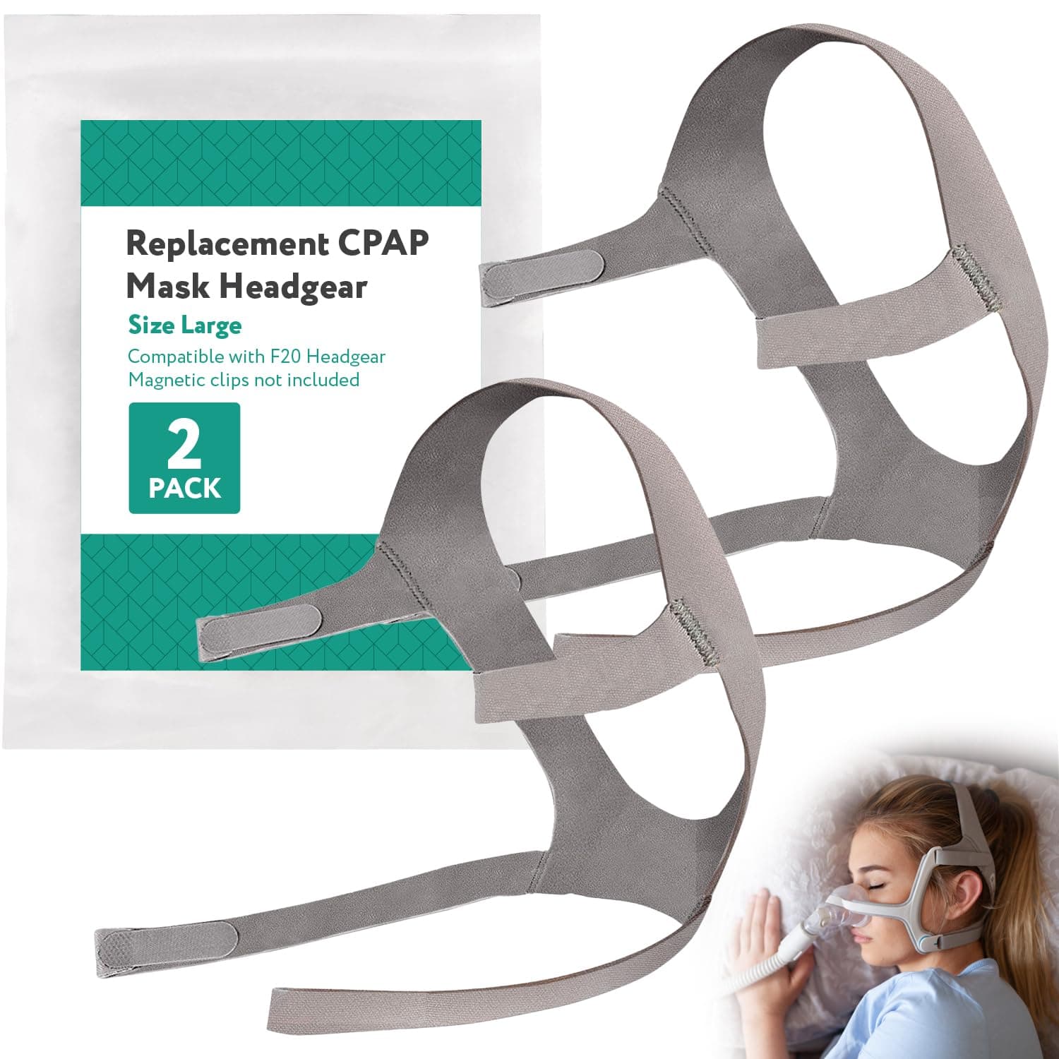 IMPRESA 2-Pack Replacement Head Gear for Nasal Pillow Mask - Compatible with ResMed AirFit F20 - Large Gray Modern Solid - CPAP Head Gear with Elastic Fabric & Foam Comfort - CPAP Equipment