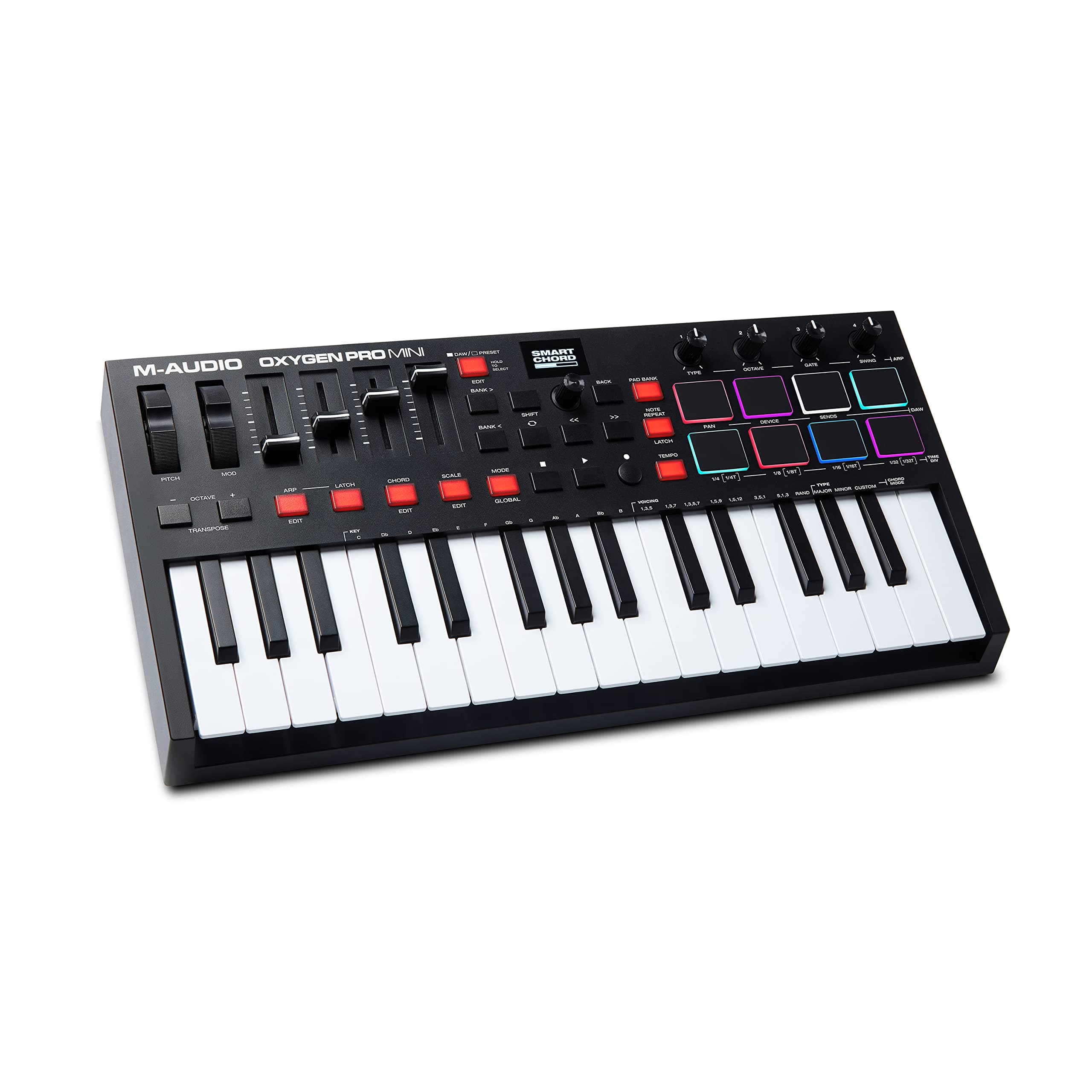 M-AUDIO Oxygen Pro Mini 32-Key USB MIDI Keyboard Controller for MacOS and WinOS, with Beat Pads, Assignable Knobs and Faders, and Native Instruments Sound Pack (NKS Integration)