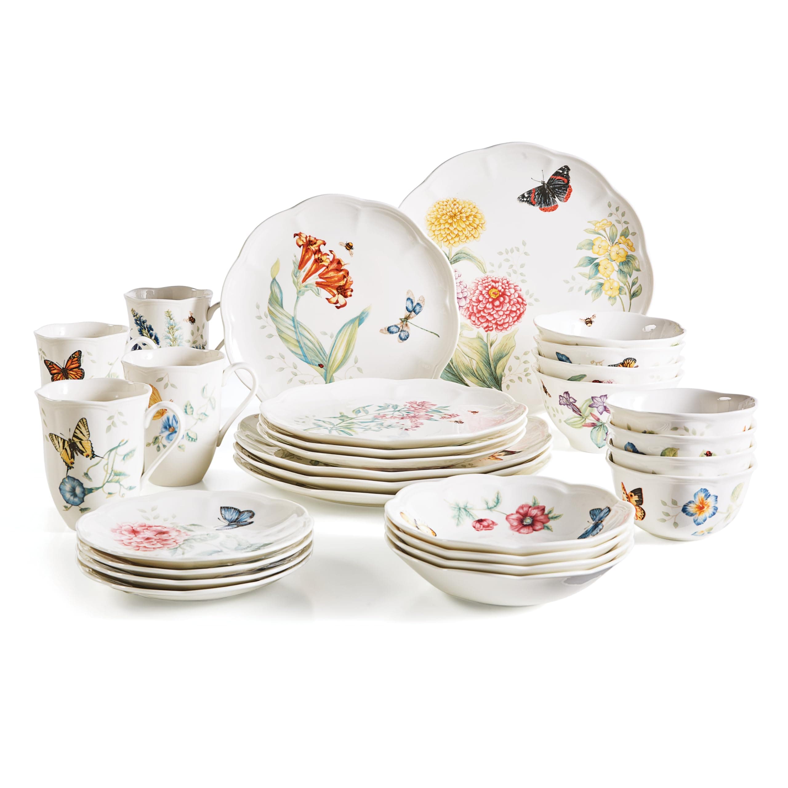 Lenox Dinnerware Set, Butterfly Meadow 28-Piece Set, Service For 4, Porcelain Plates With Scalloped Edges, Plates And Bowls Sets, Microwave Safe, Dishwasher Safe, Home & Kitchen (28 Piece, Assorted)